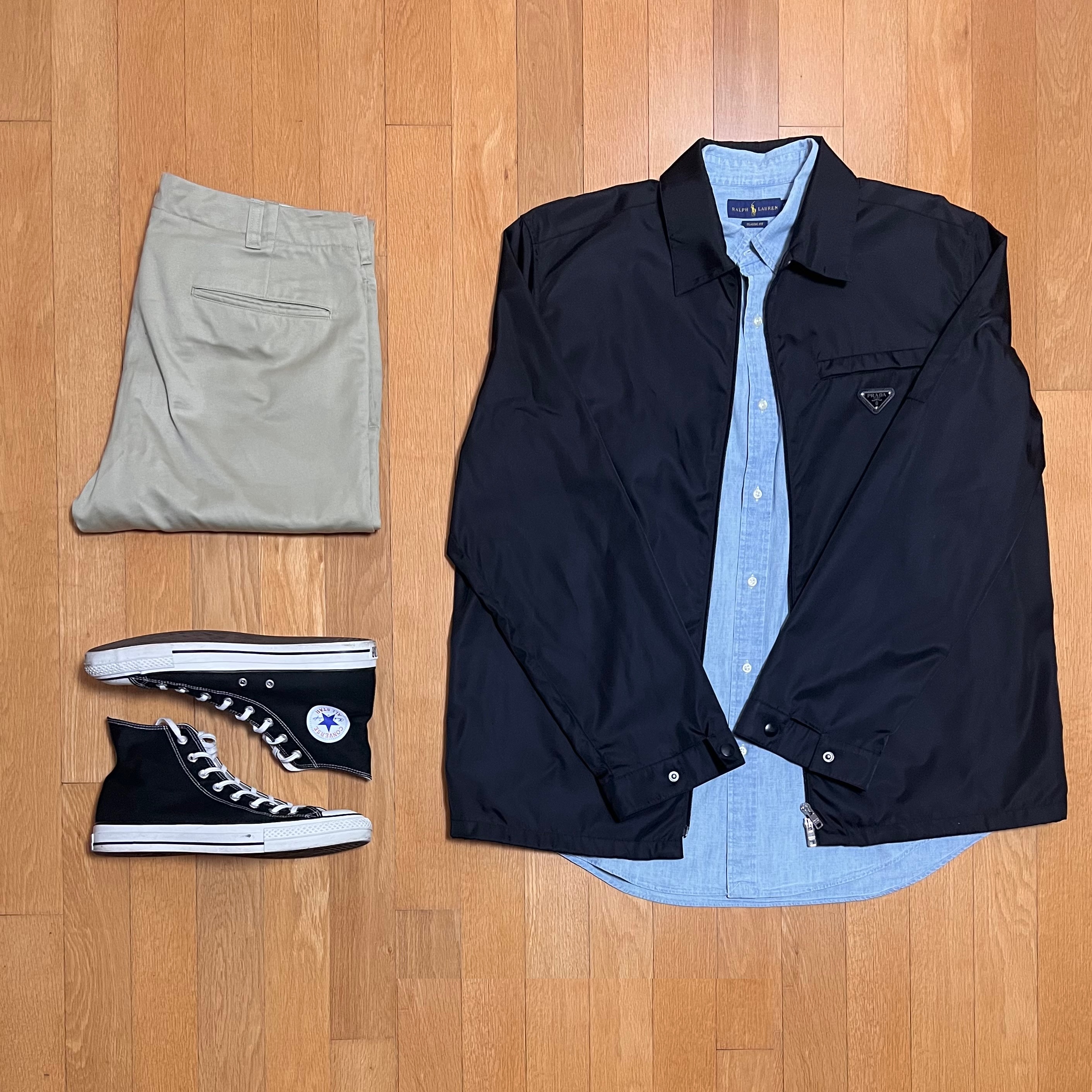 Prada Re-Nylon Shirt Black, Nanamica Straight Chino Pants Khaki 착용 스타일