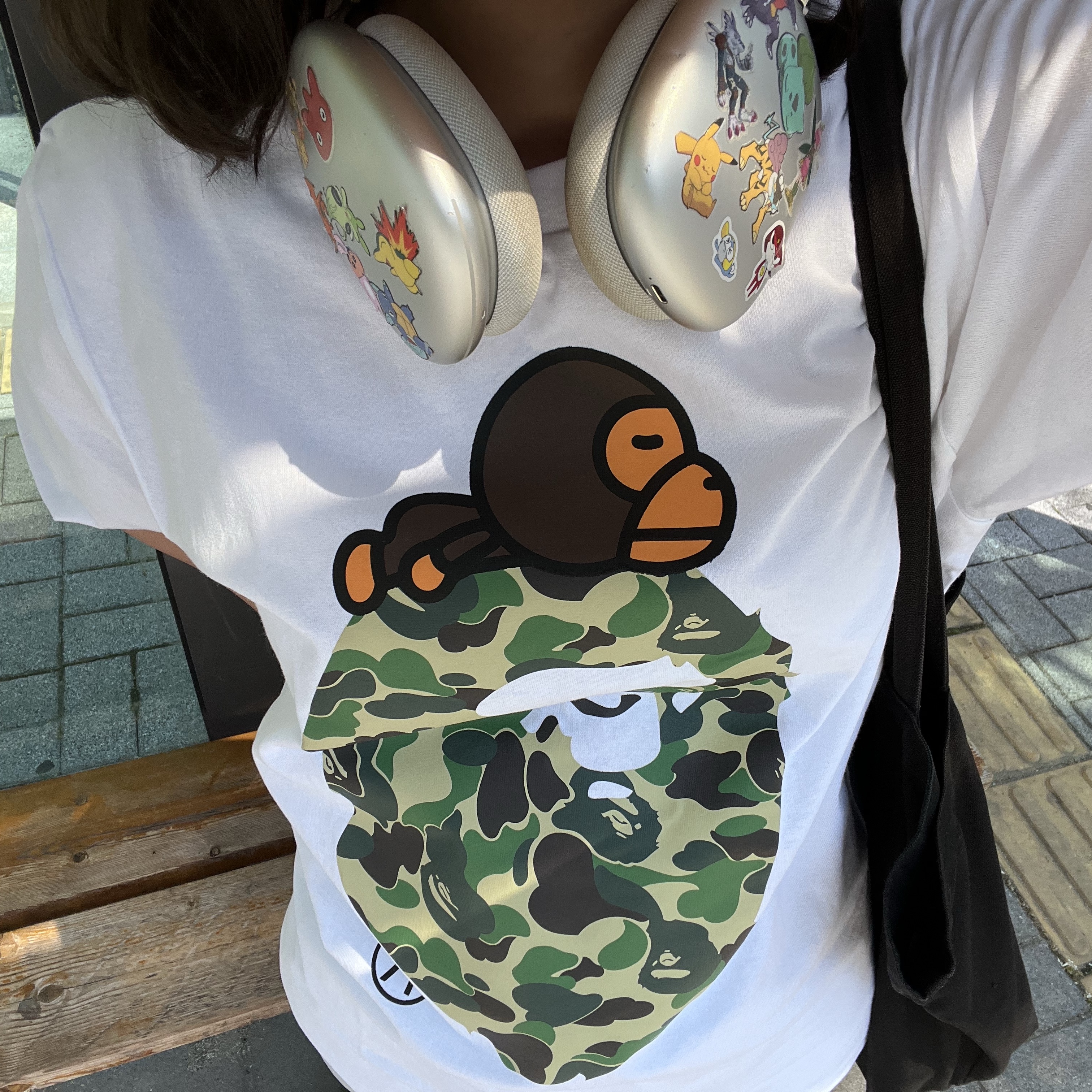 BAPE ABC Camo Milo on Big Ape T-Shirt White Green 착용 스타일