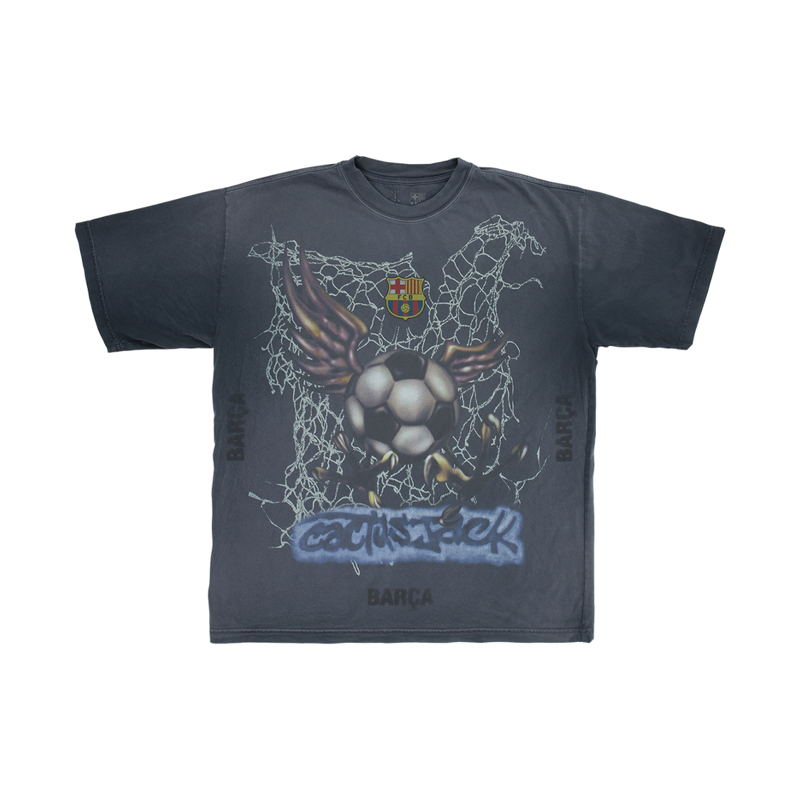 트래비스 스캇 캑터스 잭 FC 바르셀로나 워시드 스프레이 로고 티셔츠 블랙(Travis Scott Cactus Jack FC Barcelona Washed Spray Logo T-Shirt Black)