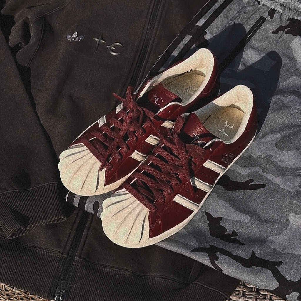 Adidas x Thug Club Superstar Vintage Collegiate Burgundy Cream White, Adidas x Thug Club Track Top Black - KR Sizing 착용 스타일