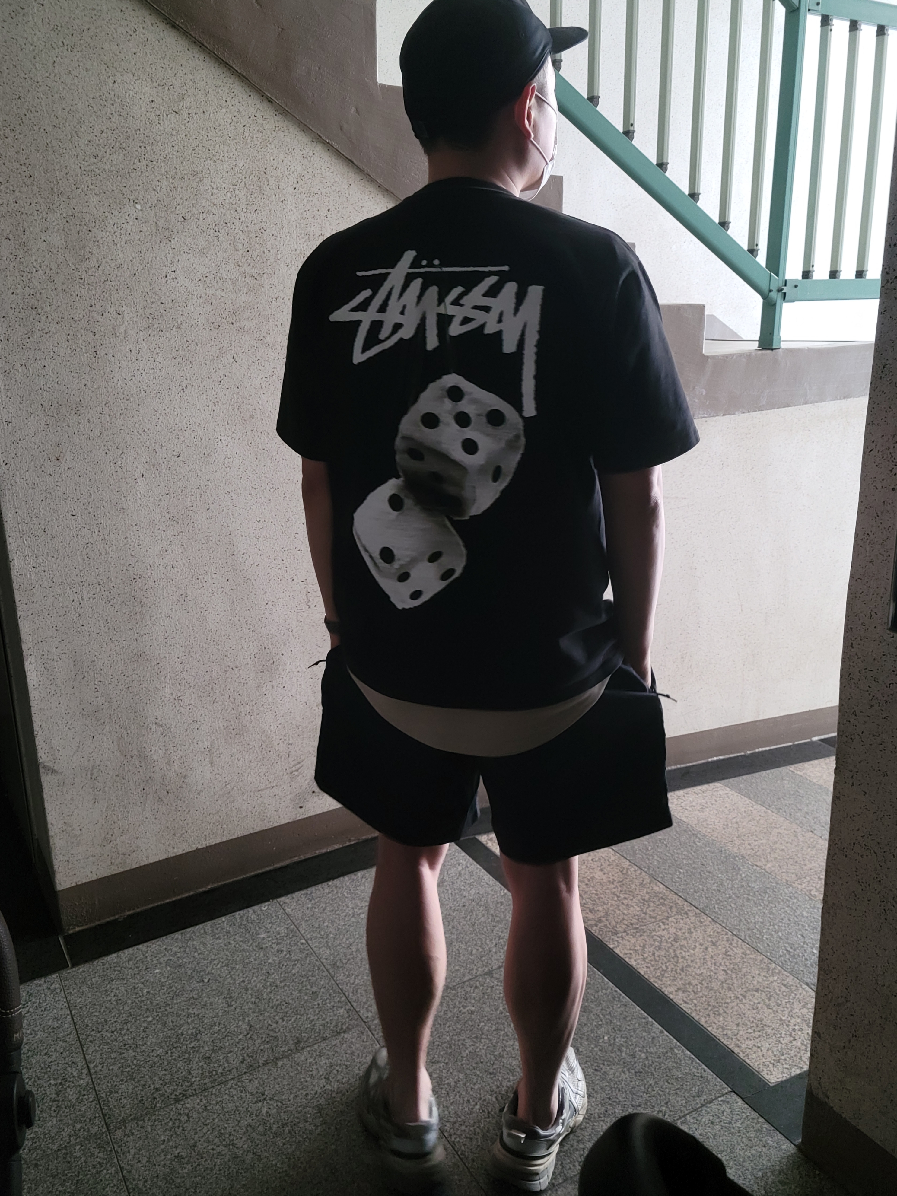 Stussy Fuzzy Dice T-Shirt Black, Nike NRG ACG Trail Shorts Black Dark Smoke Grey - Asia 착용 스타일