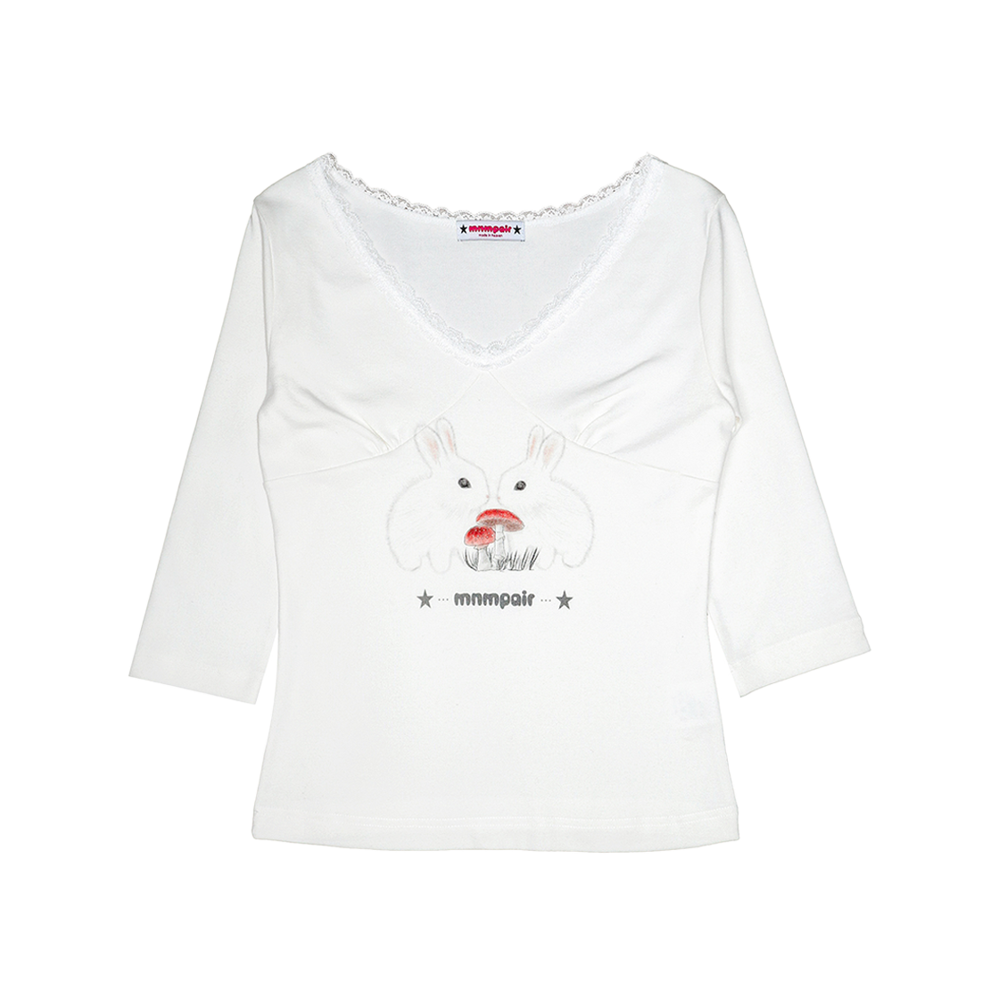 미니멀페어 래빗 레이스 브이넥 티셔츠 화이트(mnmpair Rabbit Lace V-Neck Tee White)