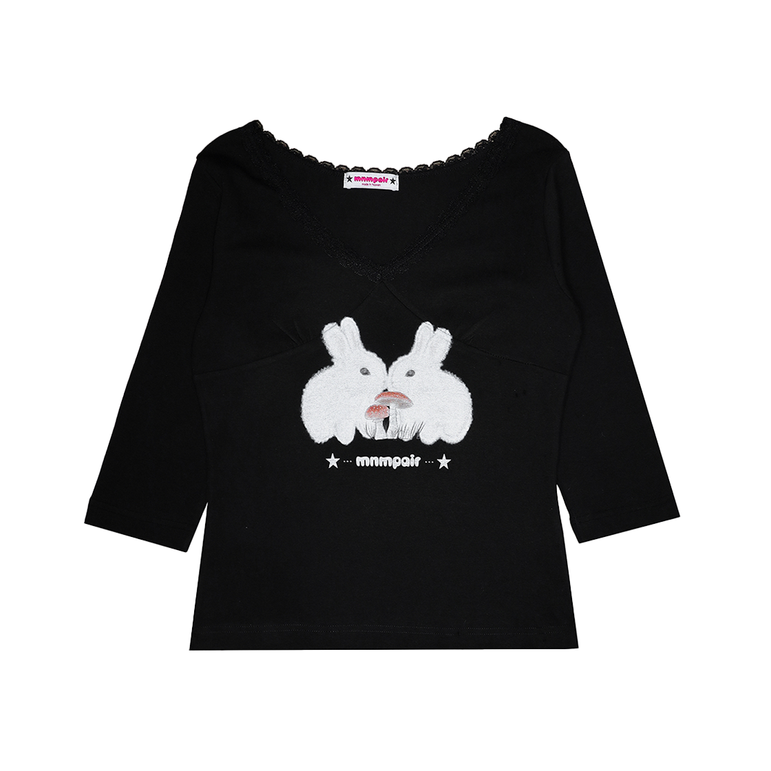 미니멀페어 래빗 레이스 브이넥 티셔츠 블랙(mnmpair Rabbit Lace V-Neck Tee Black)