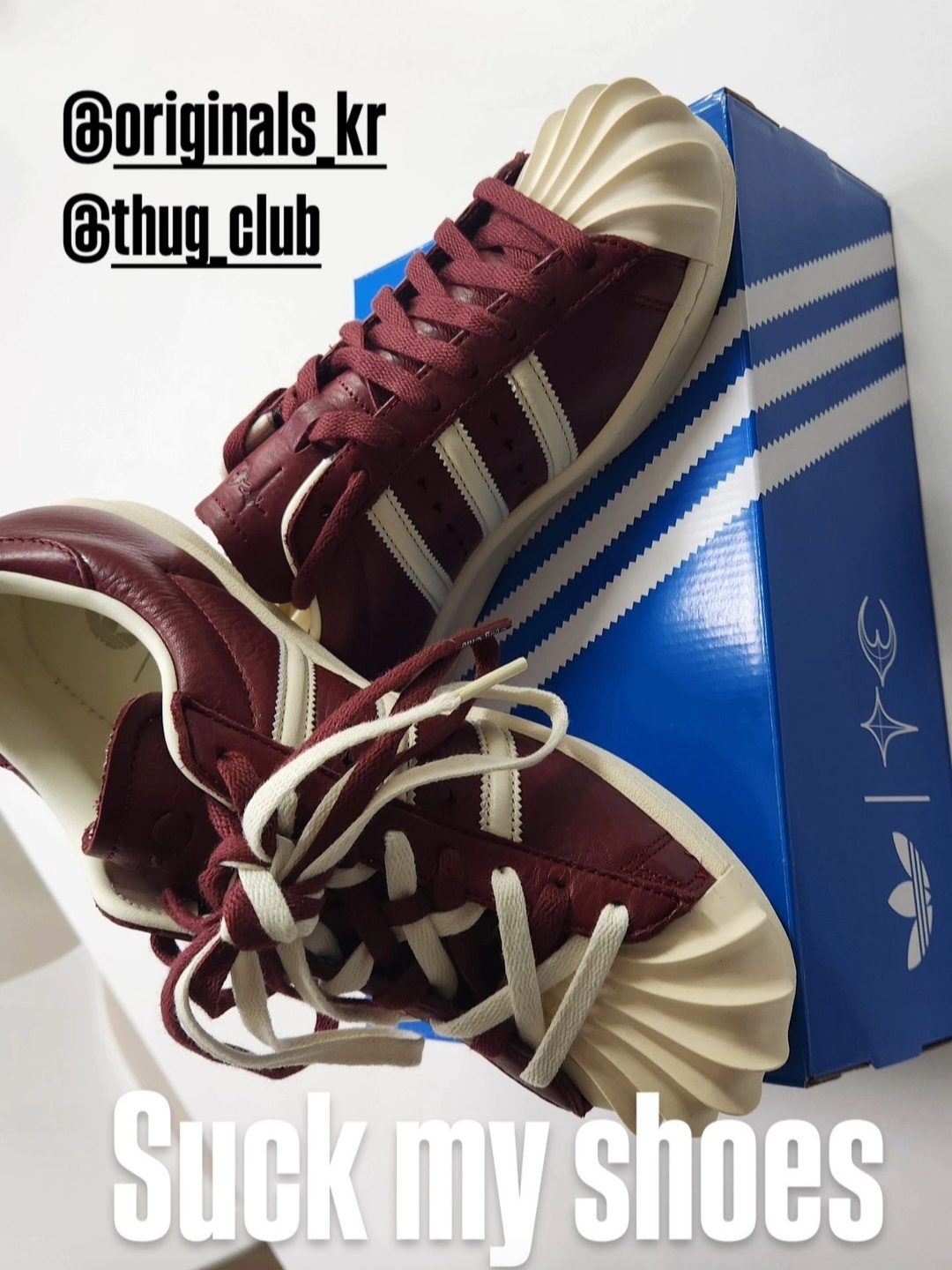 Adidas x Thug Club Superstar Vintage Collegiate Burgundy Cream White 착용 스타일