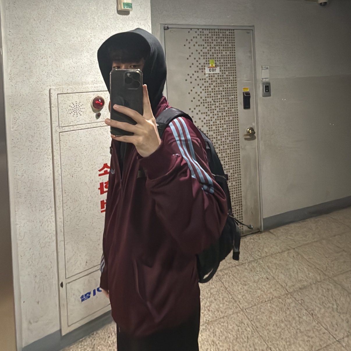 Yeezy x Gosha Rubchinskiy YZY Black Dogs Hoodie Black, Adidas Originals Beckenbauer Track Jacket Maroon - KR Sizing 착용 스타일