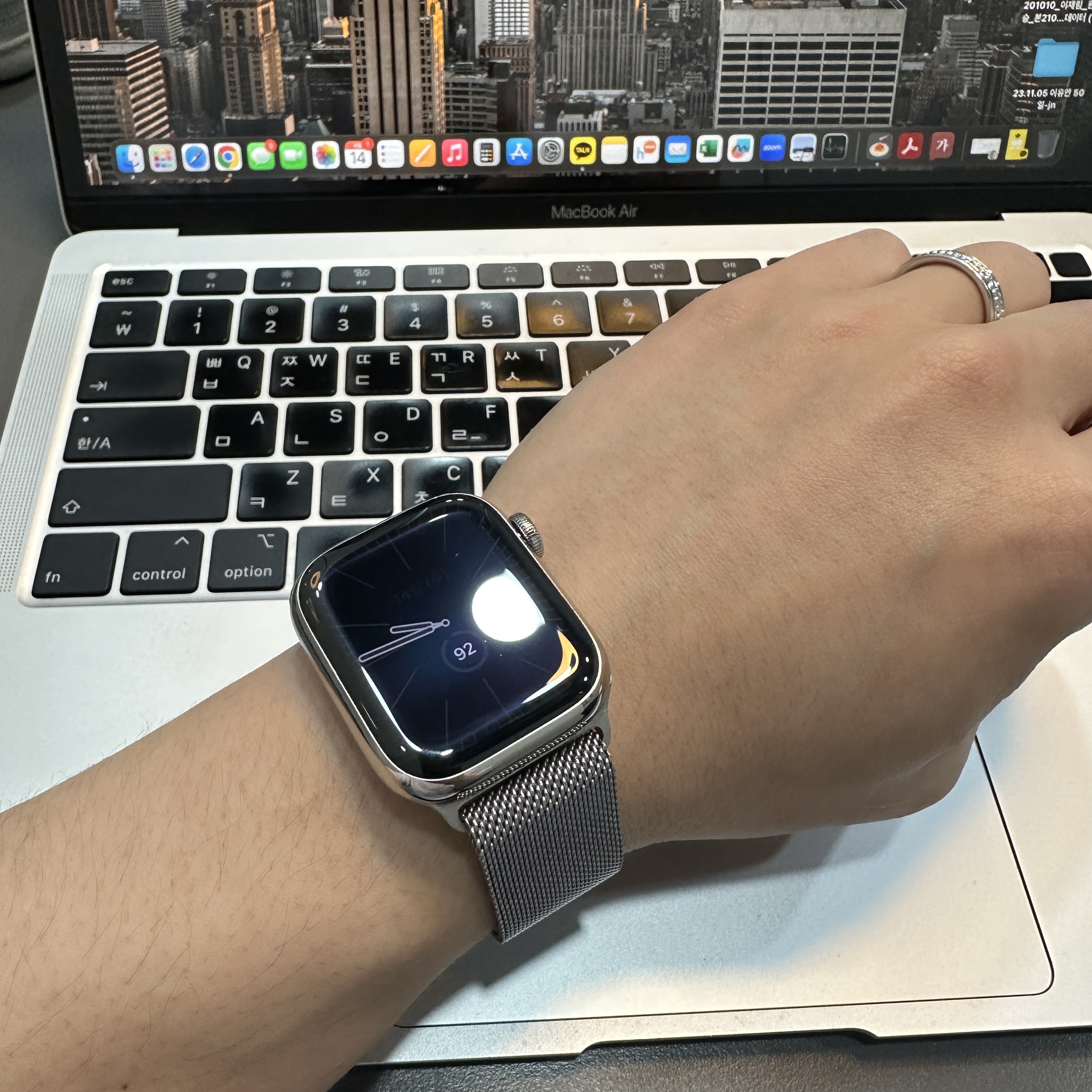 Apple Watch Series 9 45mm Cellular Silver Stainless Steel Case with Milanese Loop Silver (Korean Ver.) 착용 스타일