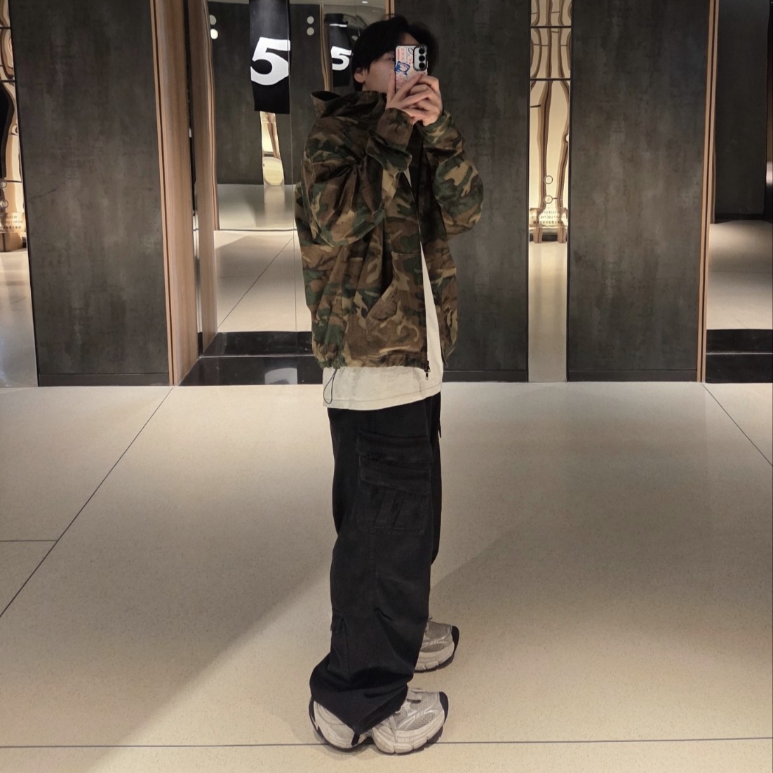 Nonnod Zip Jacket Camo, Nonnod Double Pocket Cargo Pants Vintage Black 착용 스타일