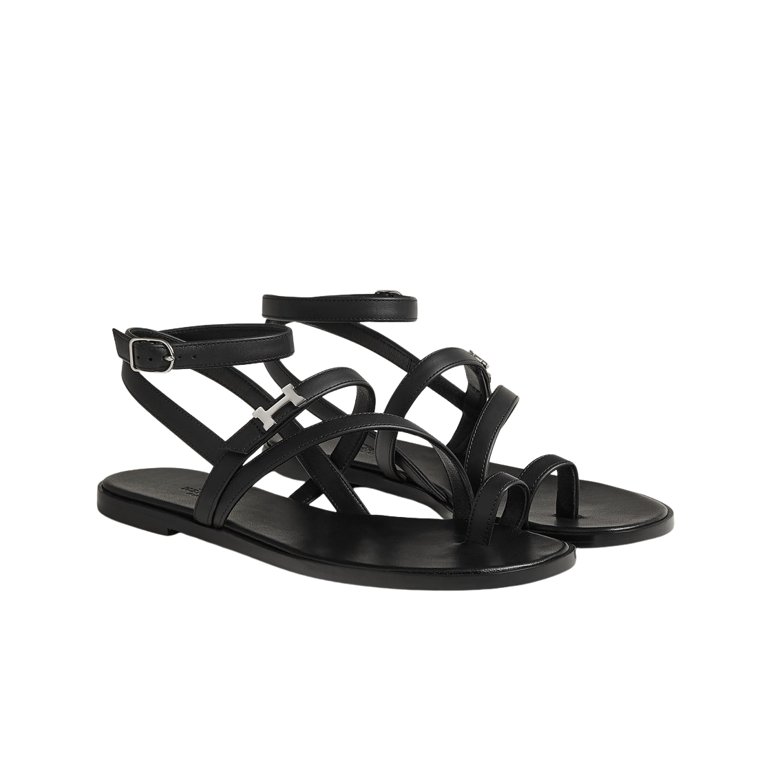 H232080Z02 (W) Hermes Harmonie Sandal Calfskin & Palladium Noir
