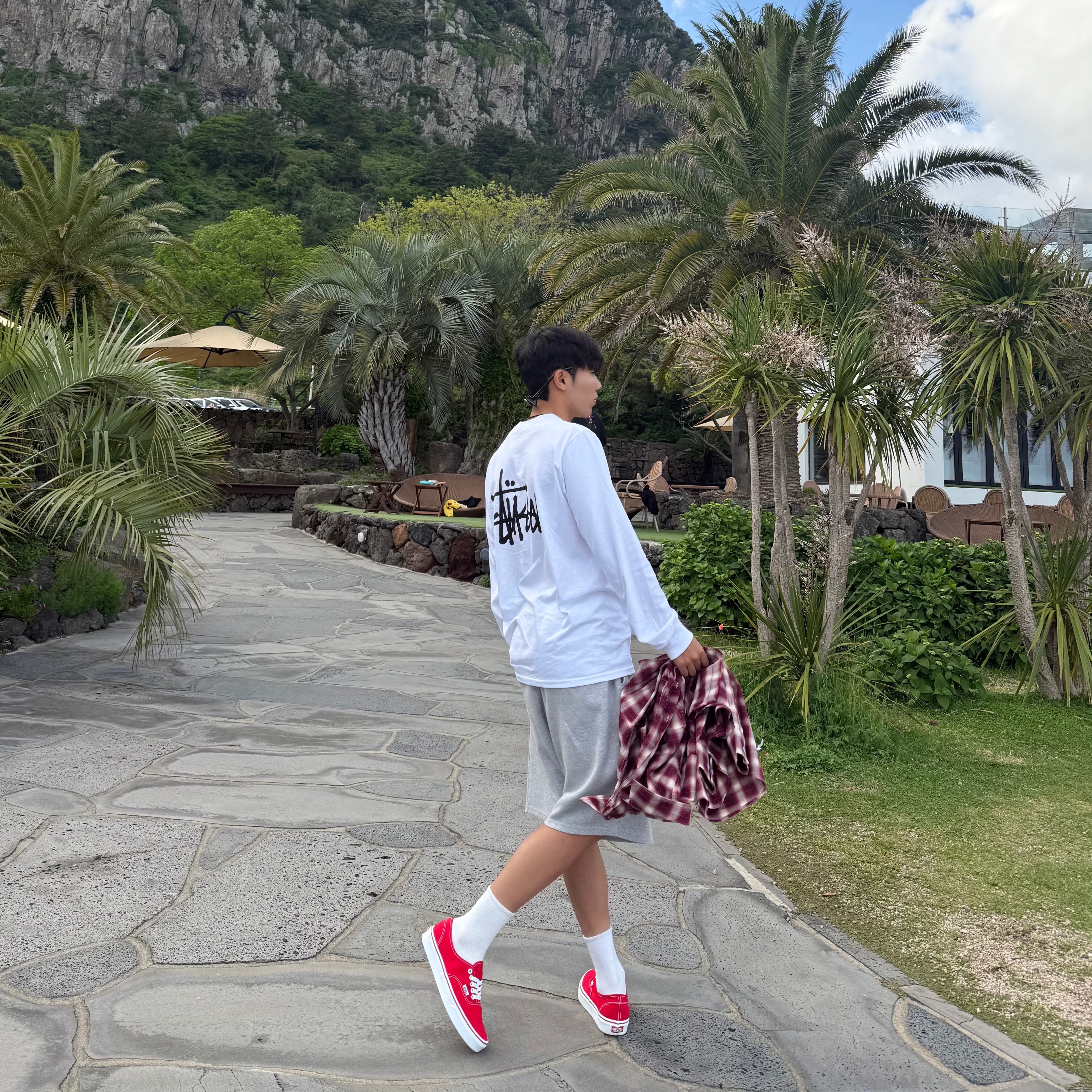 Stussy Basic Stussy LS T-Shirt White, Vans Authentic Red 착용 스타일