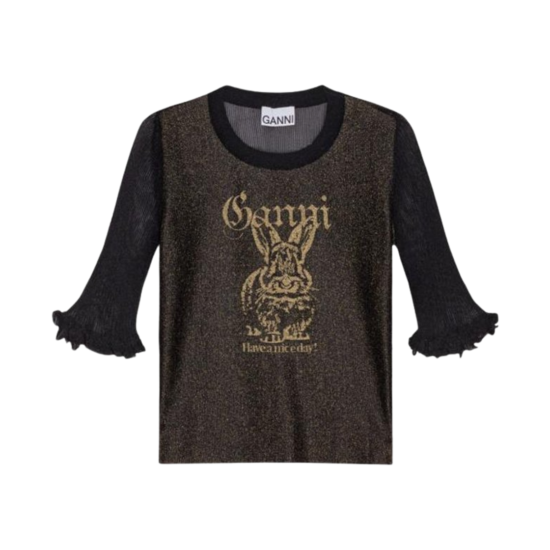 (W) 가니 시어 러플 스웨터 블랙((W) Ganni Sheer Ruffle Sweater Black) - 1