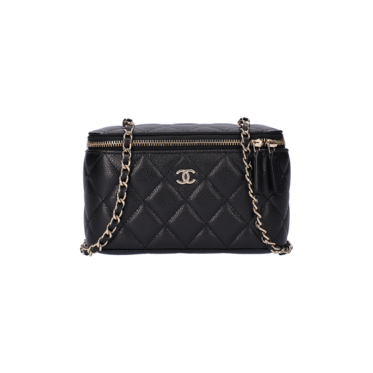 AP1341_01 Chanel Classic Small Vanity Chain Cosmetic Case Grained Calfskin Black Gold