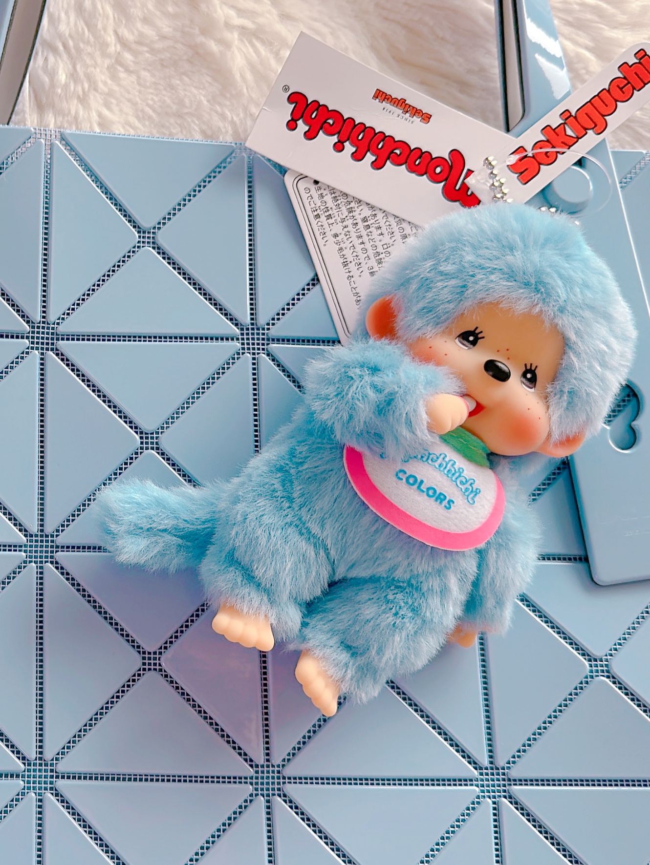 Bao Bao Issey Miyake Lucent One-Tone Tote Bag Light Blue, Monchhichi Colors Key Chain Blue 착용 스타일 - 1