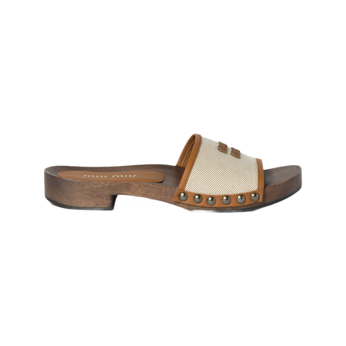 (W) 미우 미우 캔버스 앤 레더 클로그 베이지 브랜디((W) Miu Miu Canvas and Leather Clog Beige Brandy) - 1