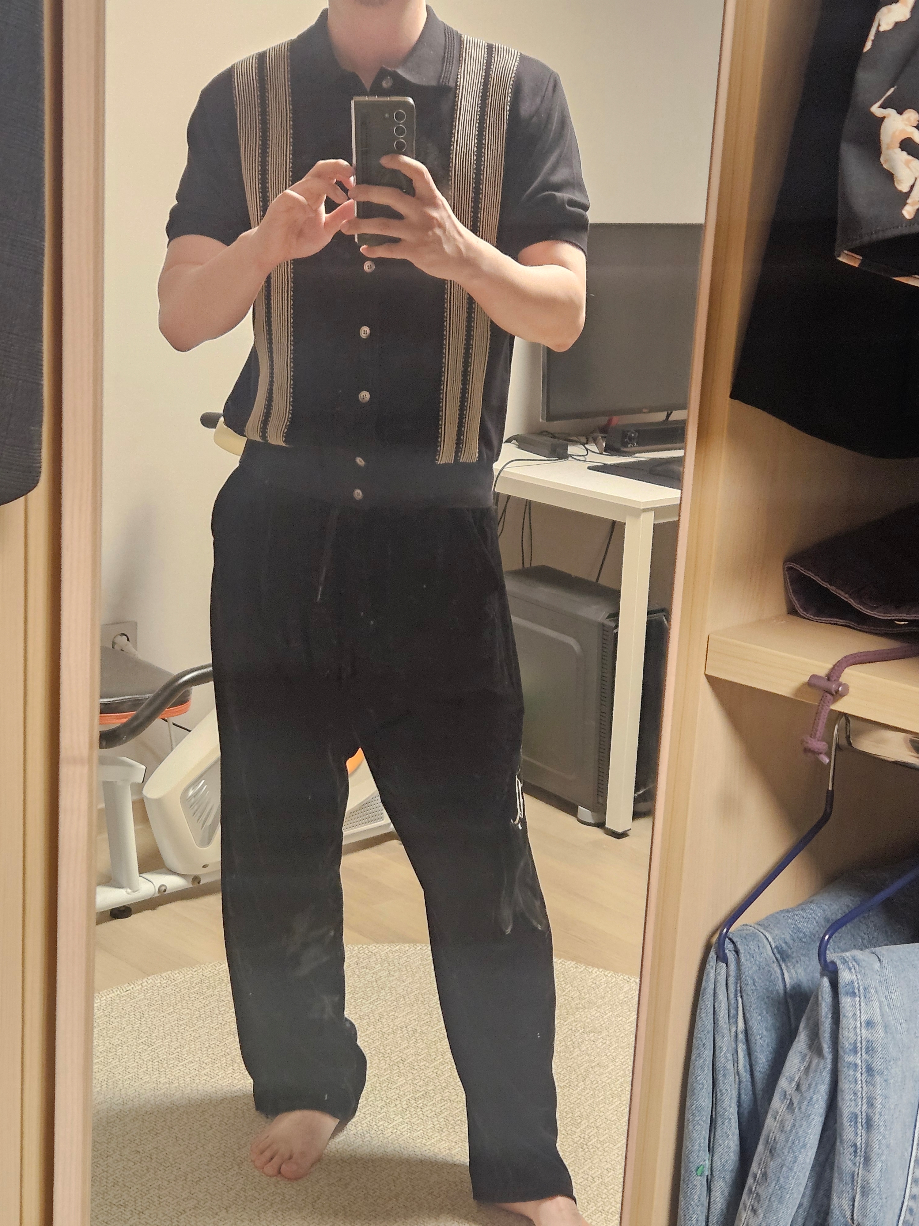 Kapital 14G Cotton Knit Oyster Aloha Polo Black 착용 스타일 - 1