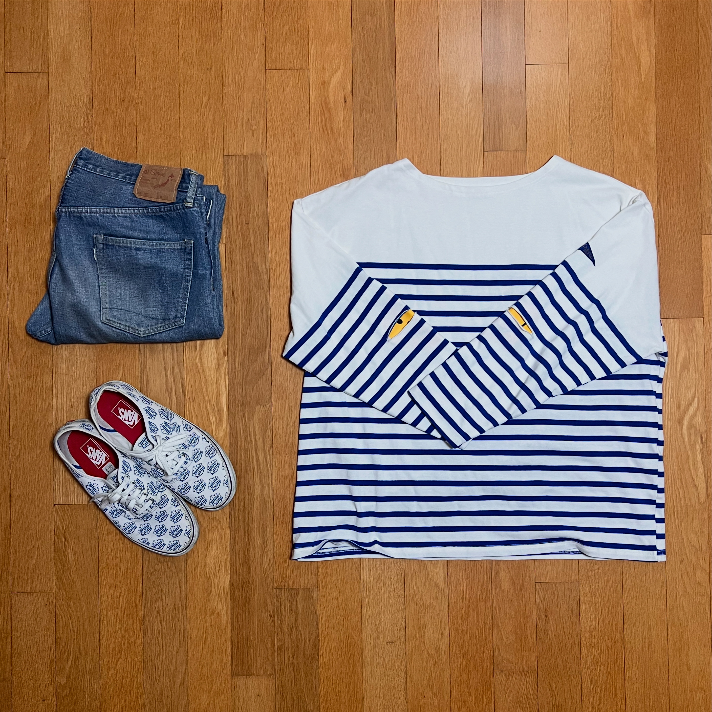 Kapital Panel Border Jersey Elbow Liplon Long Sleeve Profile Rainbowy Patch Pt White, Orslow 105 Standard Selvedge Denim 2Year Wash - 25SS 착용 스타일