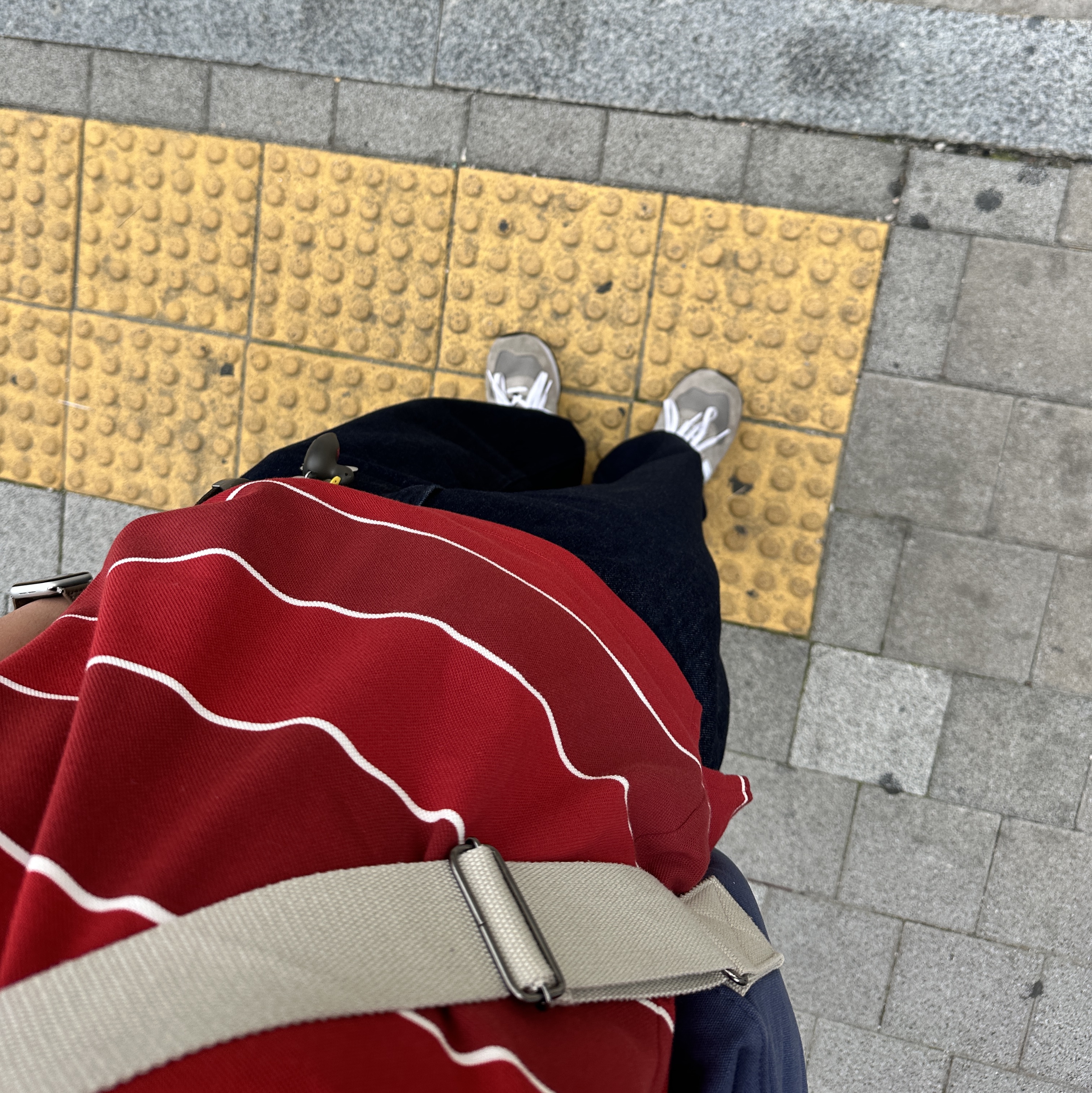 Uniqlo x JW Anderson Dry Pique Stripe Polo Shirt Wide Red, Human Made Duck PVC Key Chain Black 착용 스타일