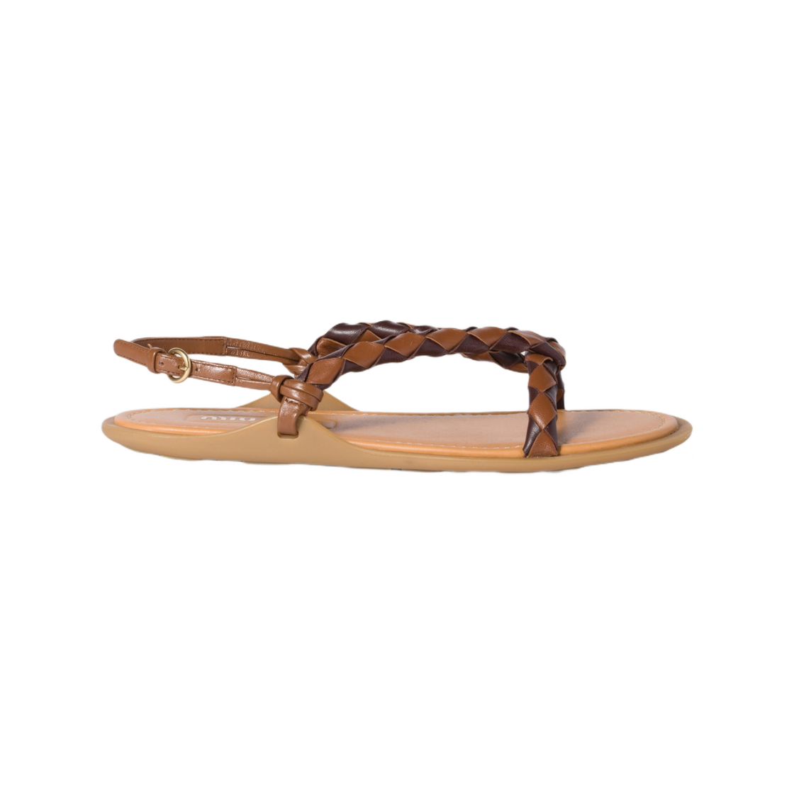 (W) 미우 미우 브레이디드 레더 샌들 꼬냑 브라이어우드((W) Miu Miu Braided Leather Sandals Cognac Briarwood)