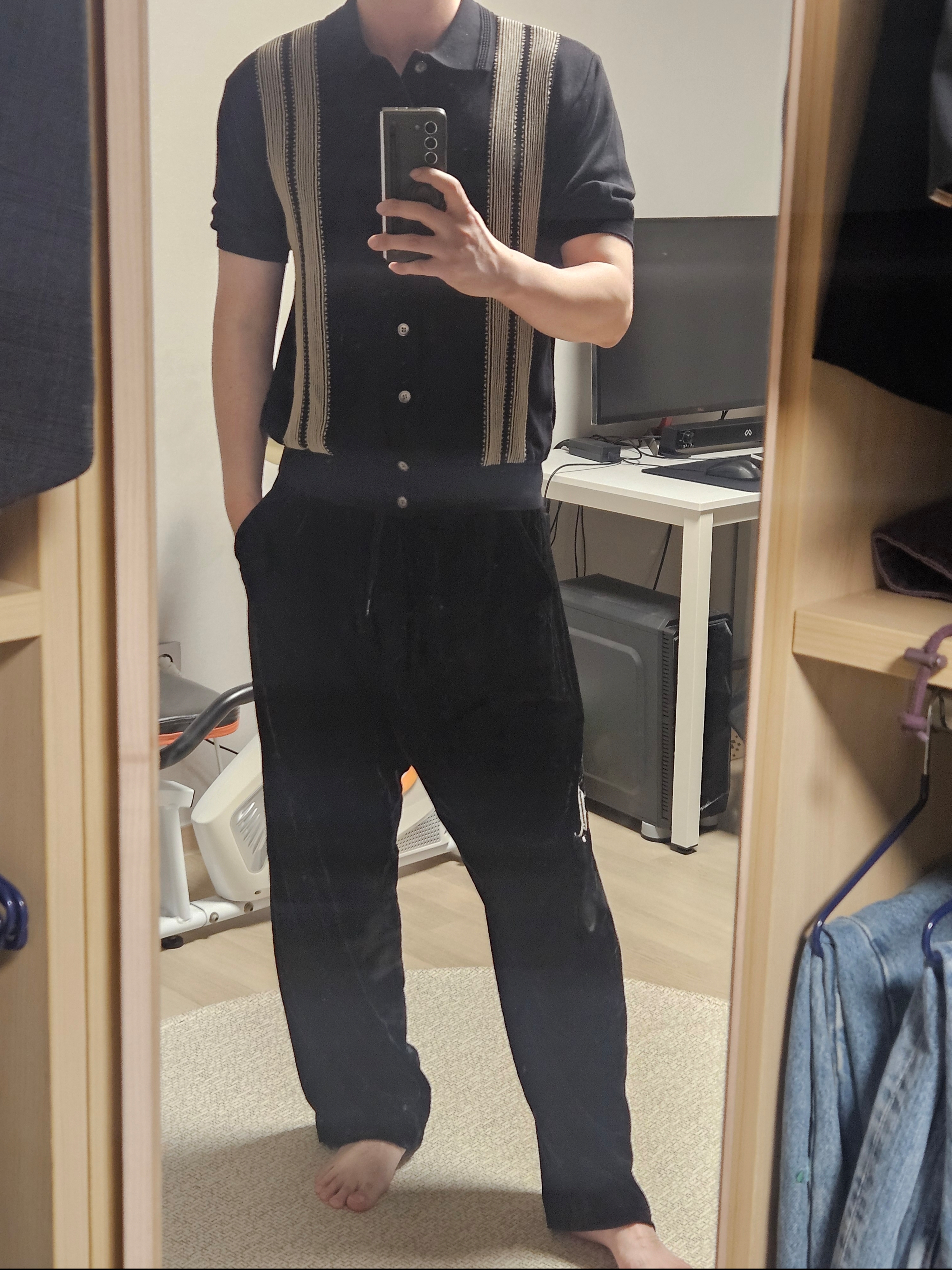 Kapital 14G Cotton Knit Oyster Aloha Polo Black 착용 스타일 - 2