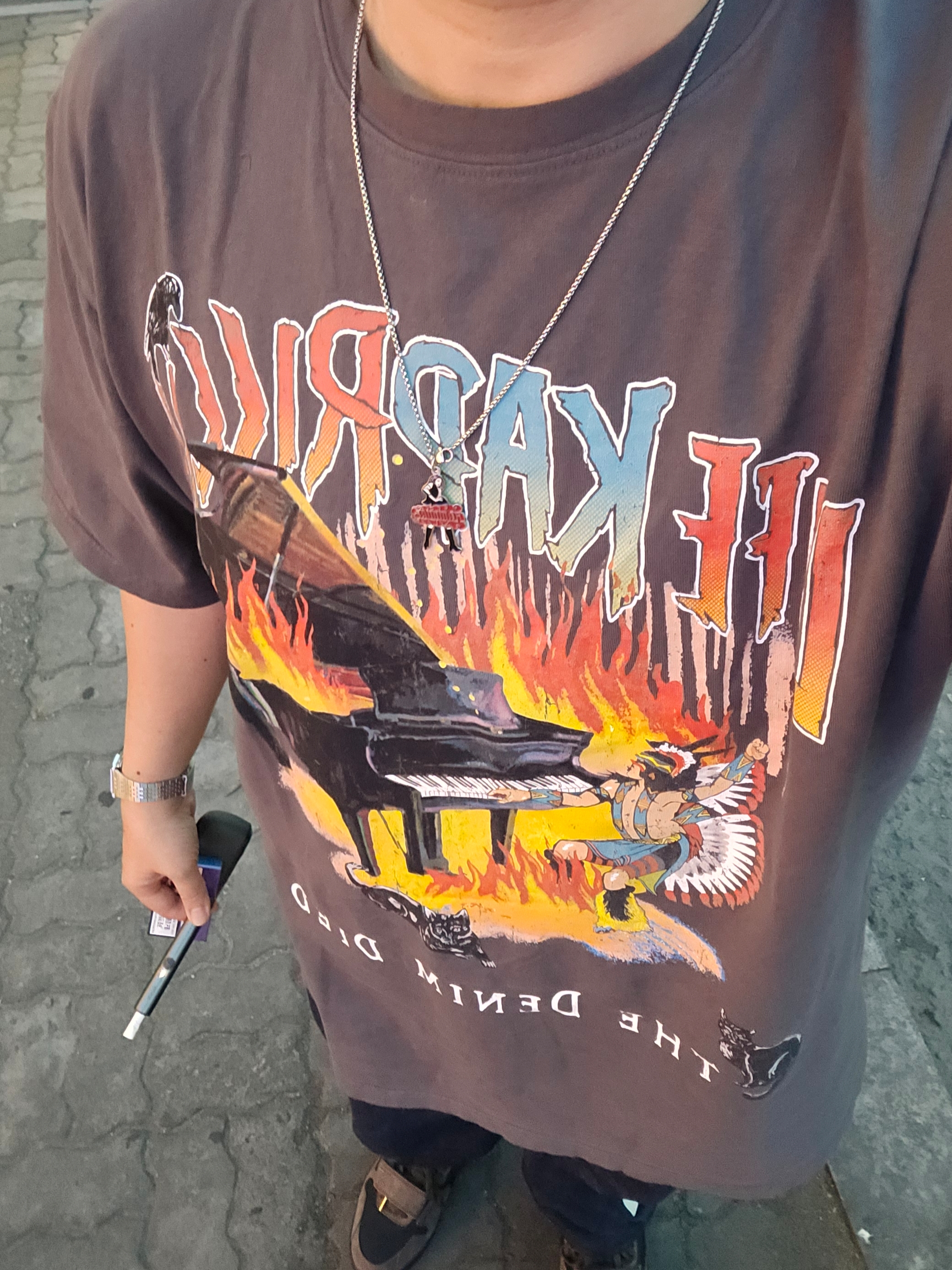 Kapital 20 Tenjiku Burning Piano Crew T-Shirt Black White, Hysteric Glamour Vixen Girl Necklace Silver 착용 스타일