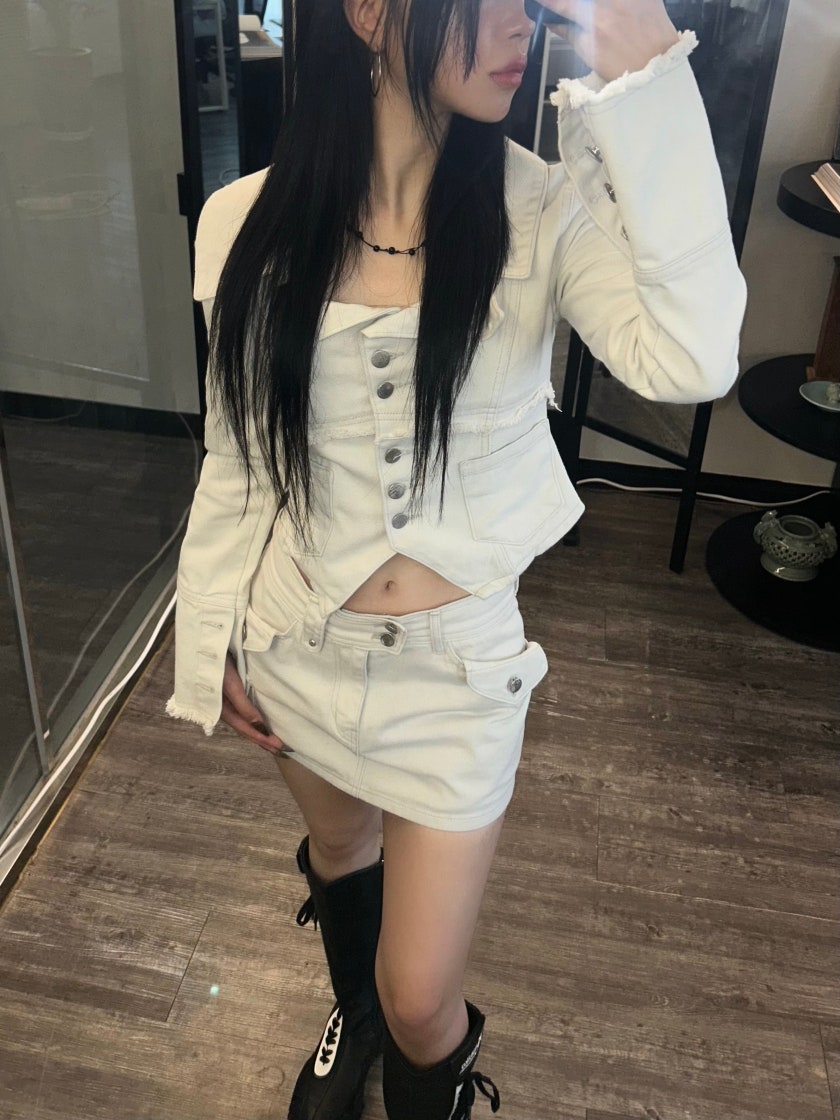 【KASHIKO】Low-rise Denim Skirt Pants Off White Low-rise Denim Skirt Pants Off White