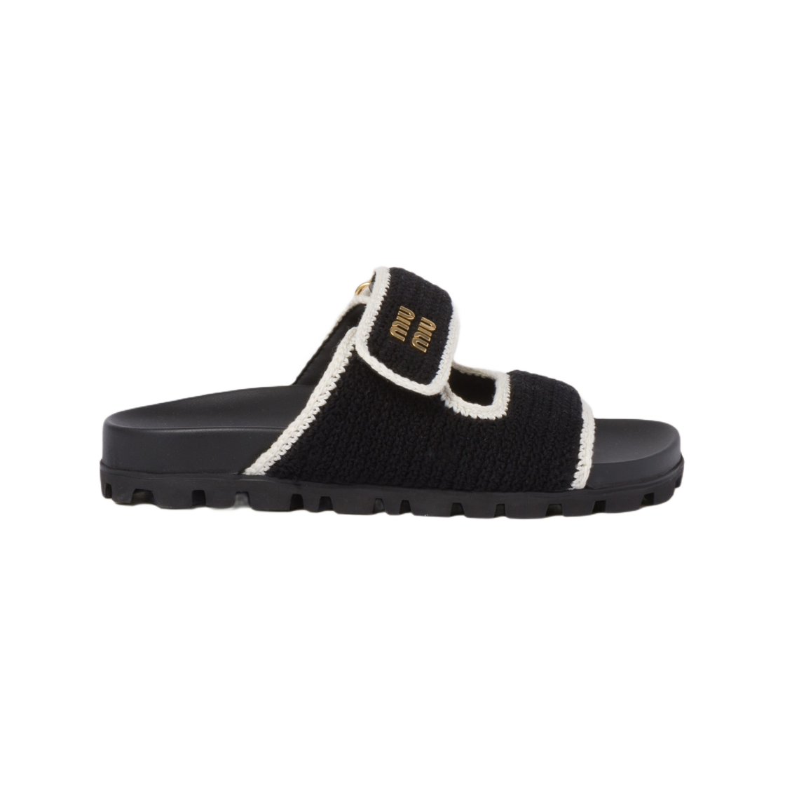 (W) 미우 미우 크로셰 니트 슬라이드 블랙 아이보리((W) Miu Miu Crochet Knit Slide Black Ivory)
