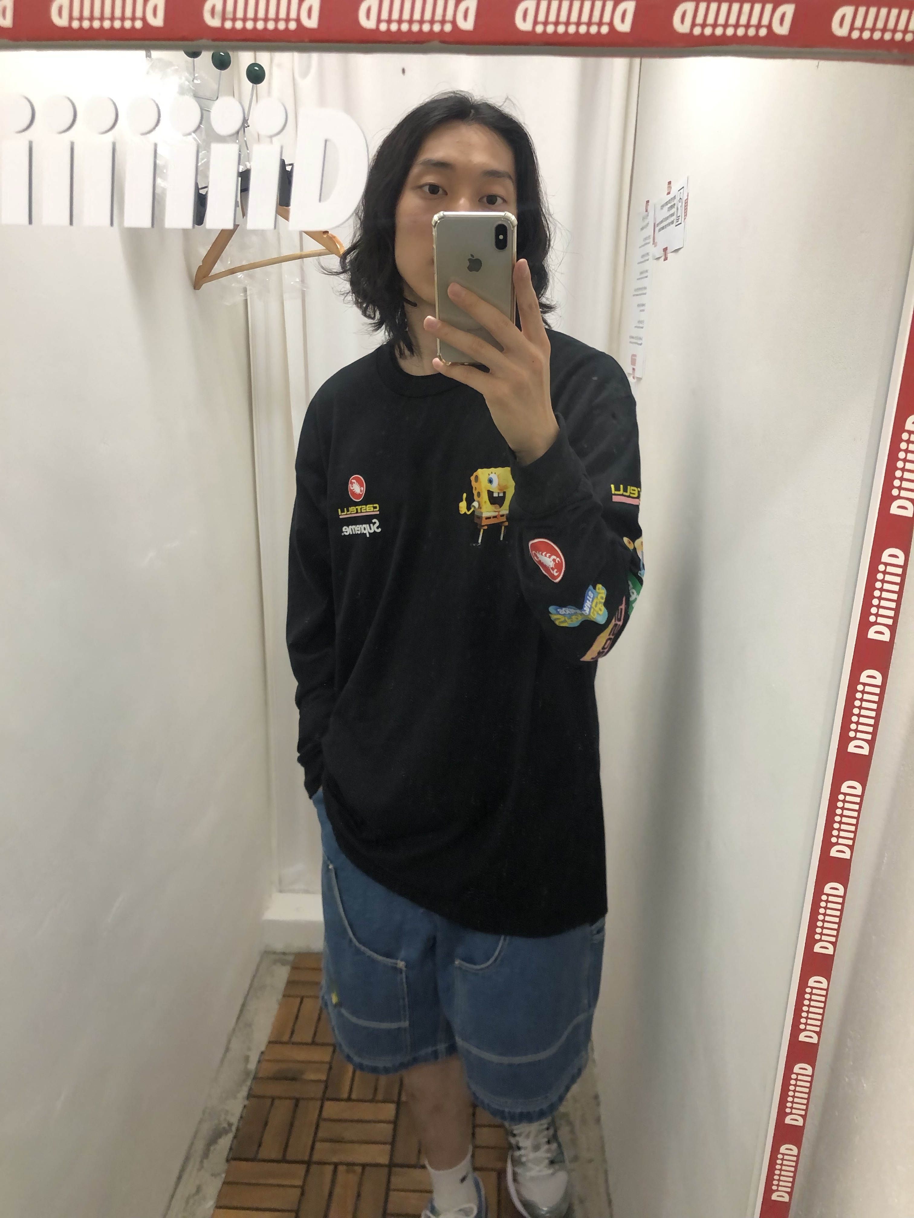 Supreme x SpongeBob SquarePants Castelli Racing L/S T-Shirt Black - 25SS, Asics Gel-Nimbus 9 White Pure Silver 착용 스타일 - 3