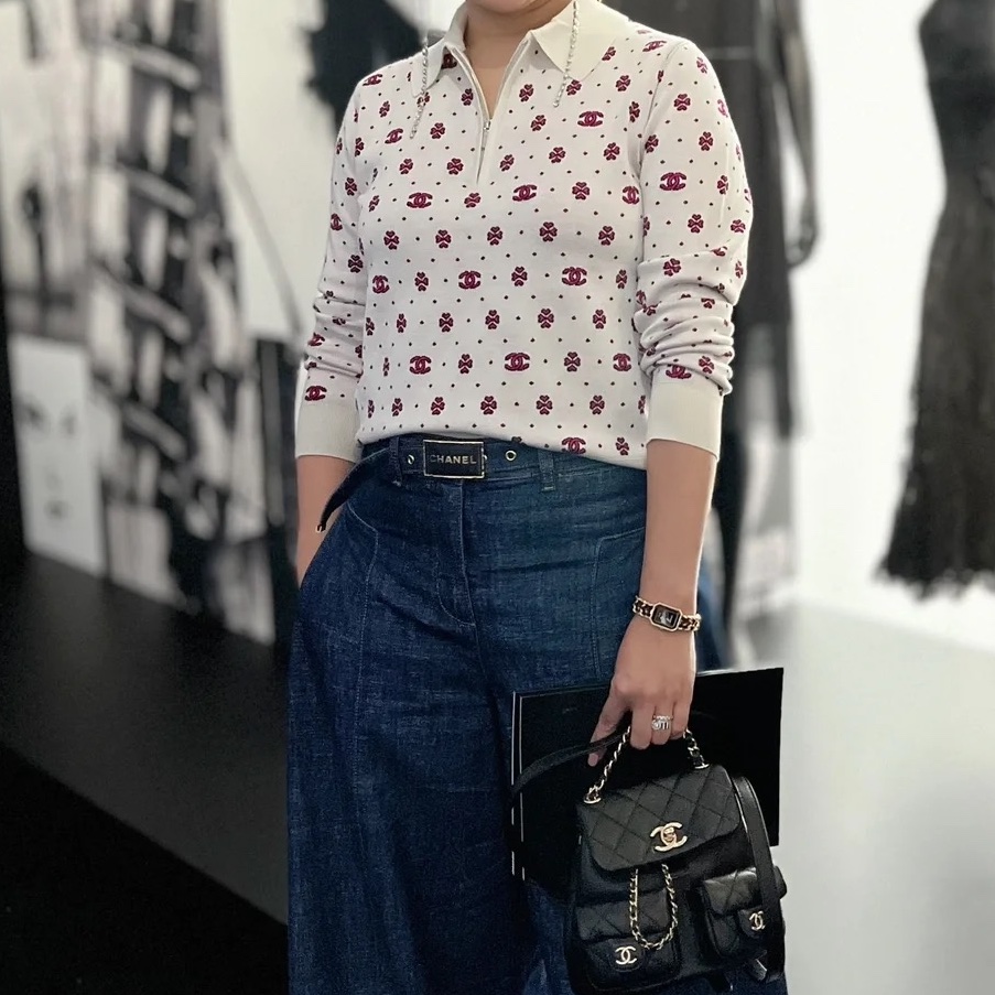 (W) Chanel Polo Cotton White Pink 착용 스타일 - 2
