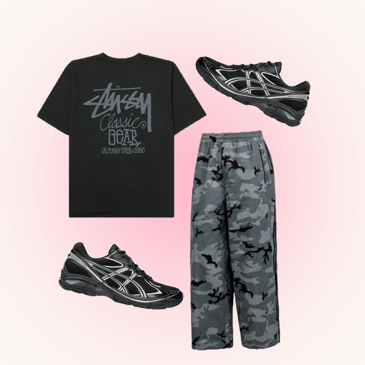 Stussy Pigment Dyed Classic Gear T-Shirt Black, Asics GT-2160 Black Pure Silver 착용 스타일