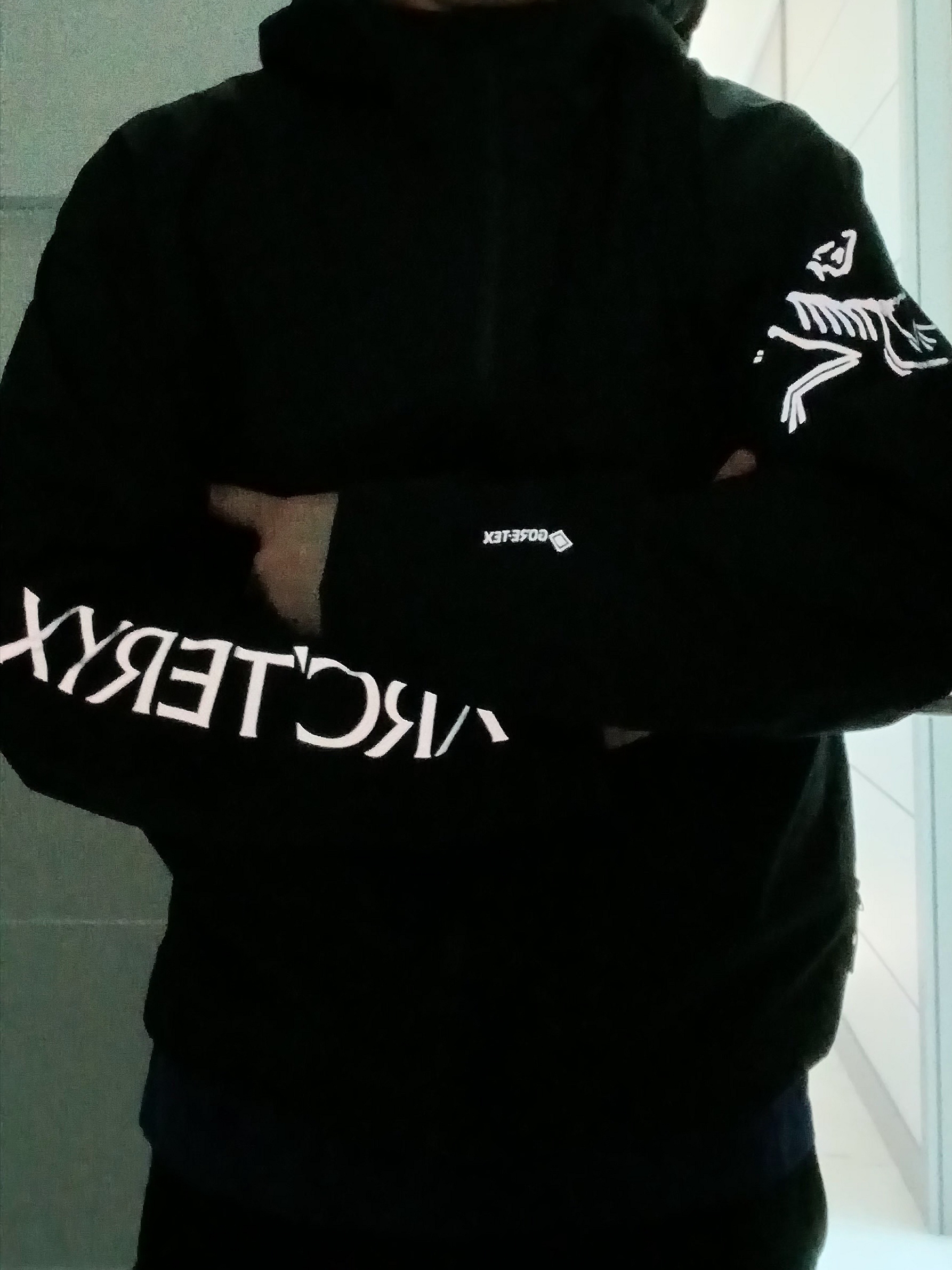 Arc'teryx Norvan Jacket Black, Arc'teryx Motus Arcword Crew SS T-Shirt Soulsonic Heather 착용 스타일 - 1