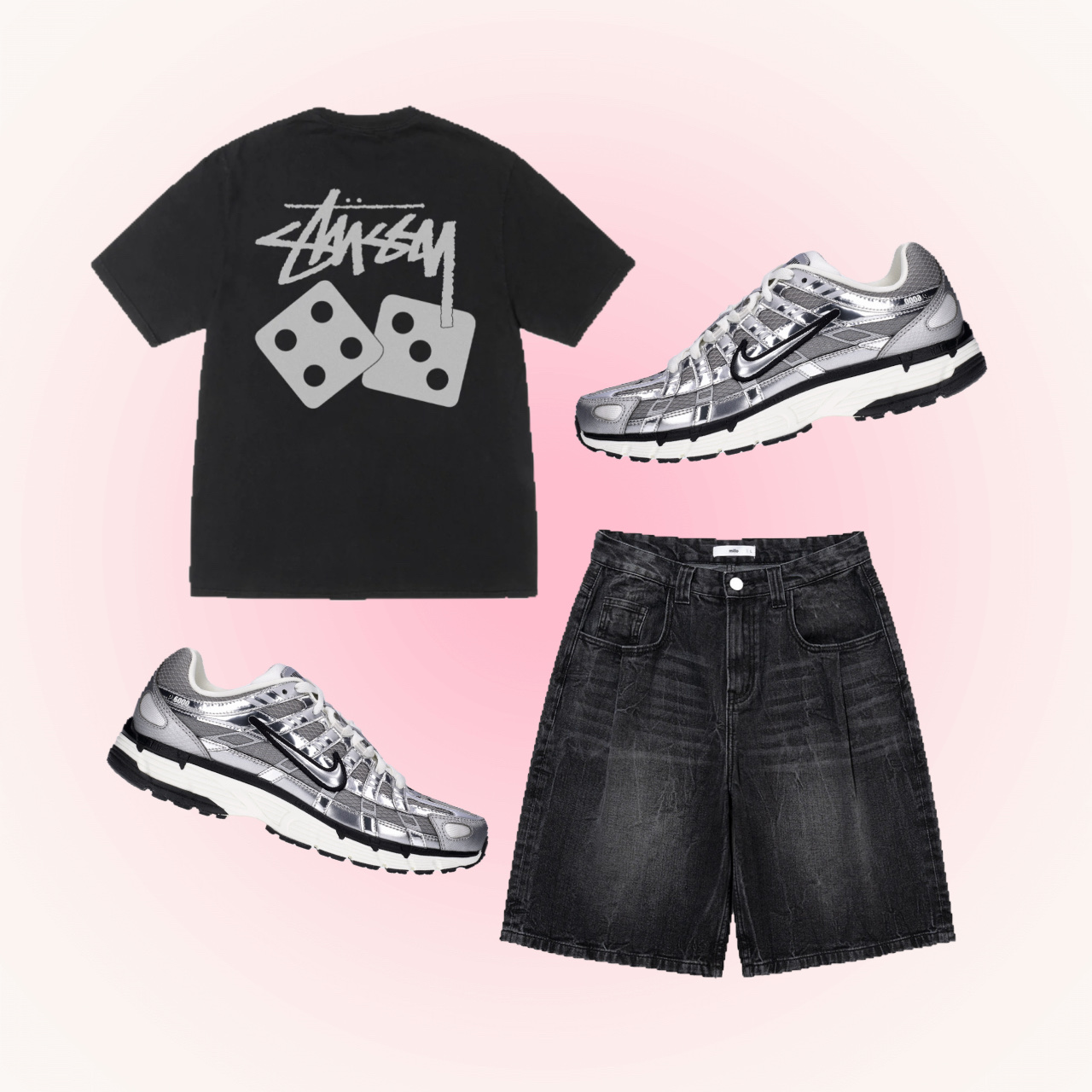 Nike P-6000 Metallic Silver, Millo Archive Denim Bermuda Pants Washed Black 착용 스타일