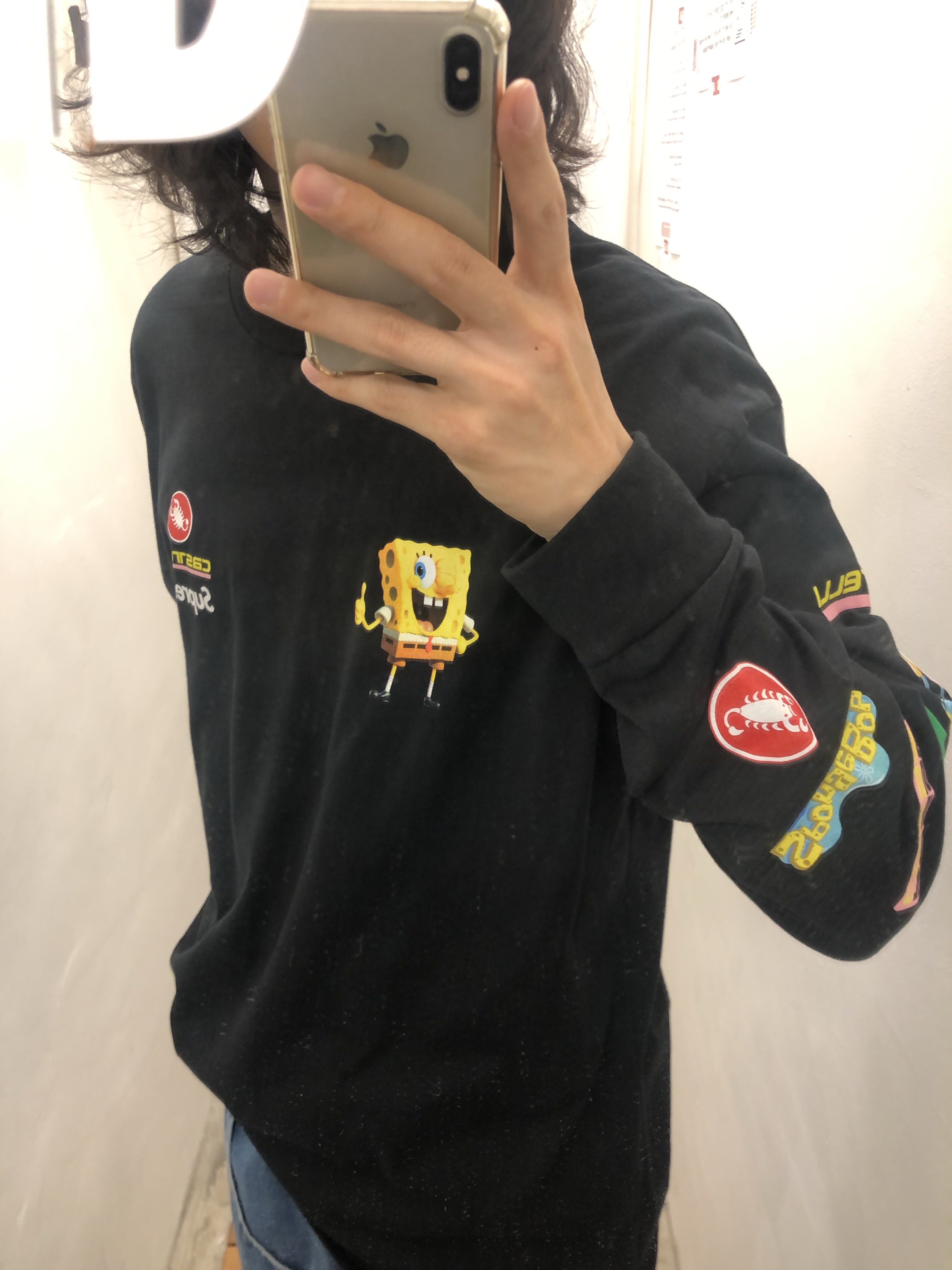 Supreme x SpongeBob SquarePants Castelli Racing L/S T-Shirt Black - 25SS, Asics Gel-Nimbus 9 White Pure Silver 착용 스타일 - 2