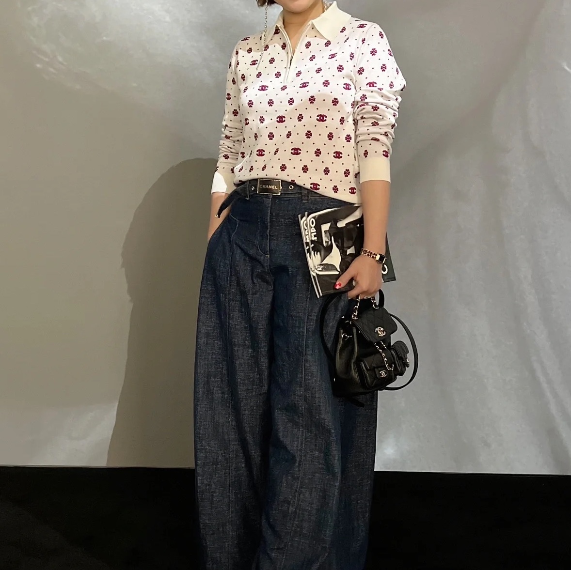 (W) Chanel Polo Cotton White Pink 착용 스타일 - 1
