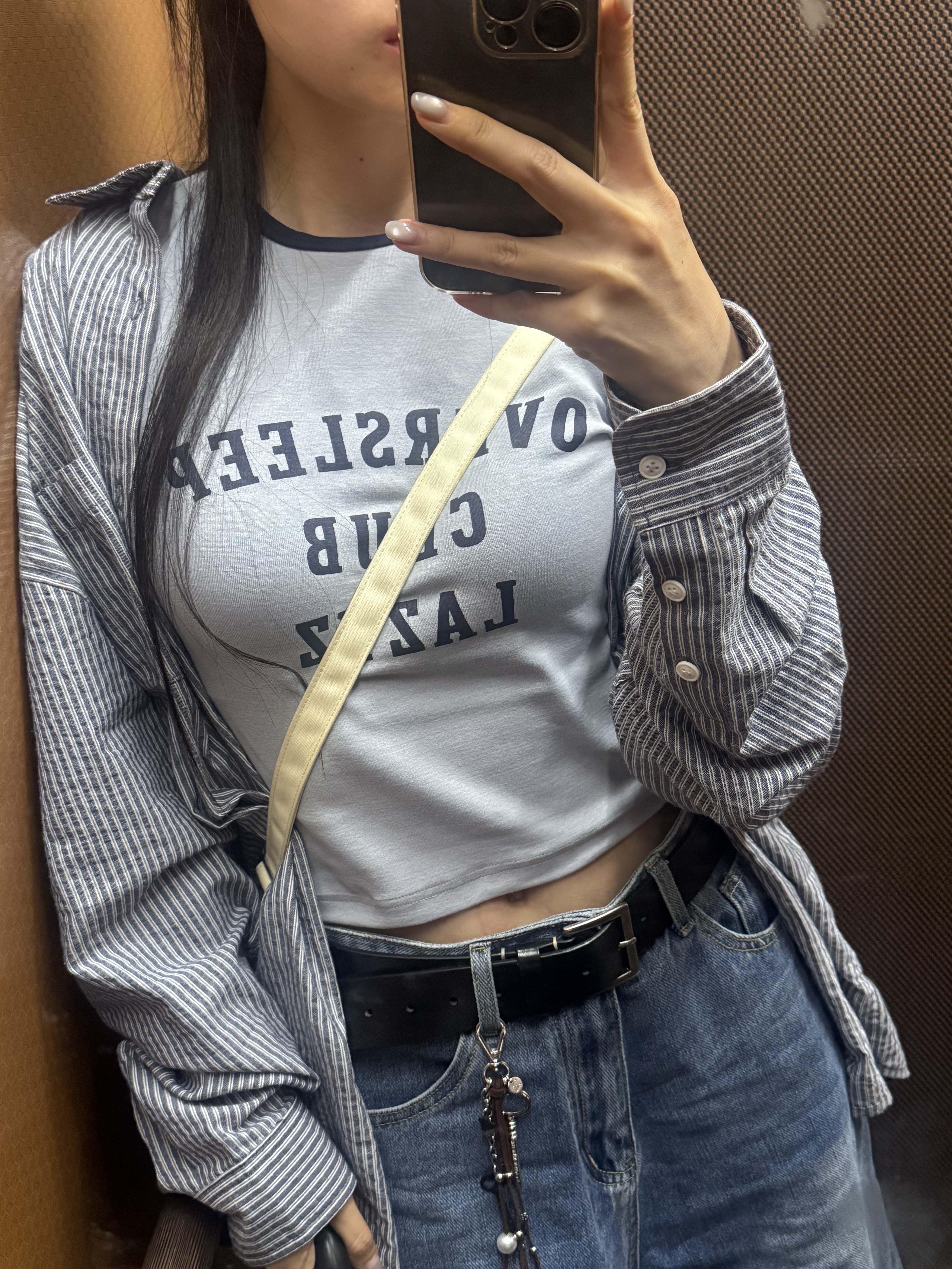 LAZYZ Oversleep Club Ringer Tshirt Cloud 착용 스타일