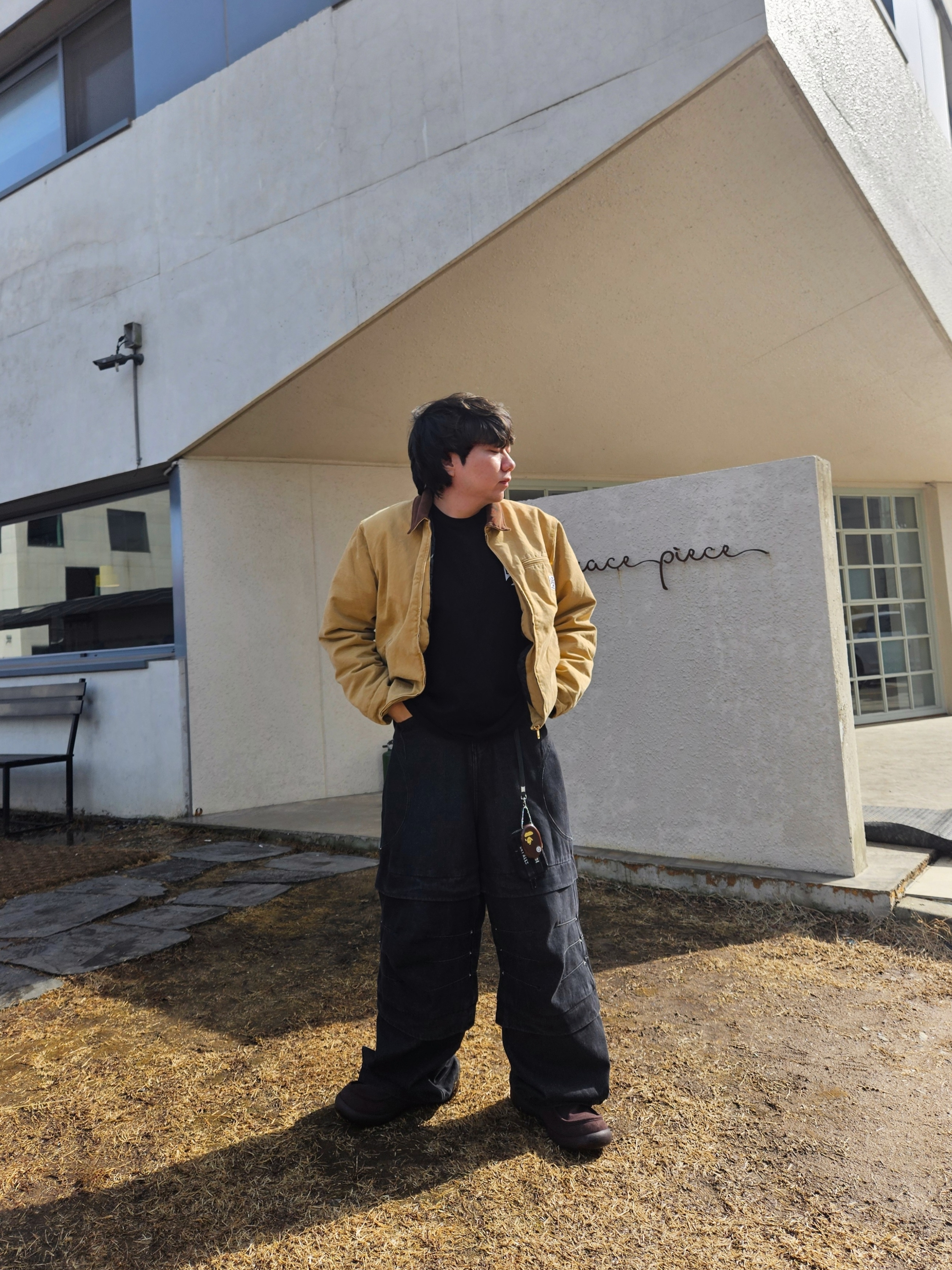 Flavorism Double Layered Wide Denim Pants Black 착용 스타일 - 1