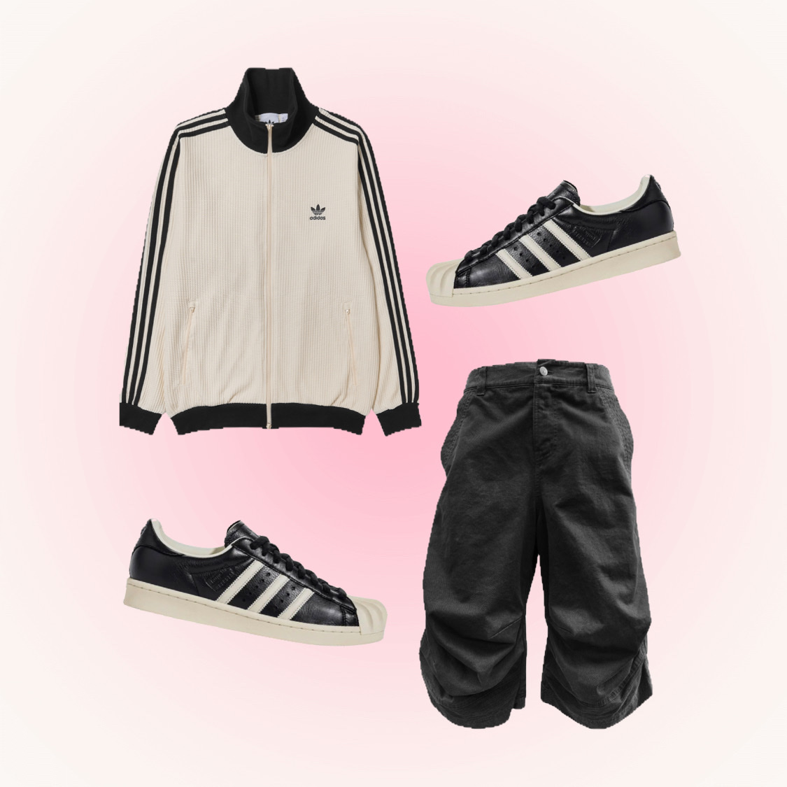 Farfromwhat Far Curved Knee Shorts Black, Adidas x Thug Club Superstar Vintage Core Black Cream White 착용 스타일