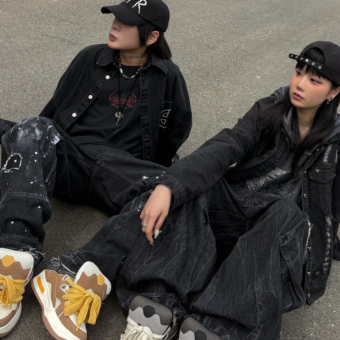 Project G/R Hybrid Denim Shirts Jacket Black, REPINER RIR Destroyed Washed Cap Black 착용 스타일 - 2