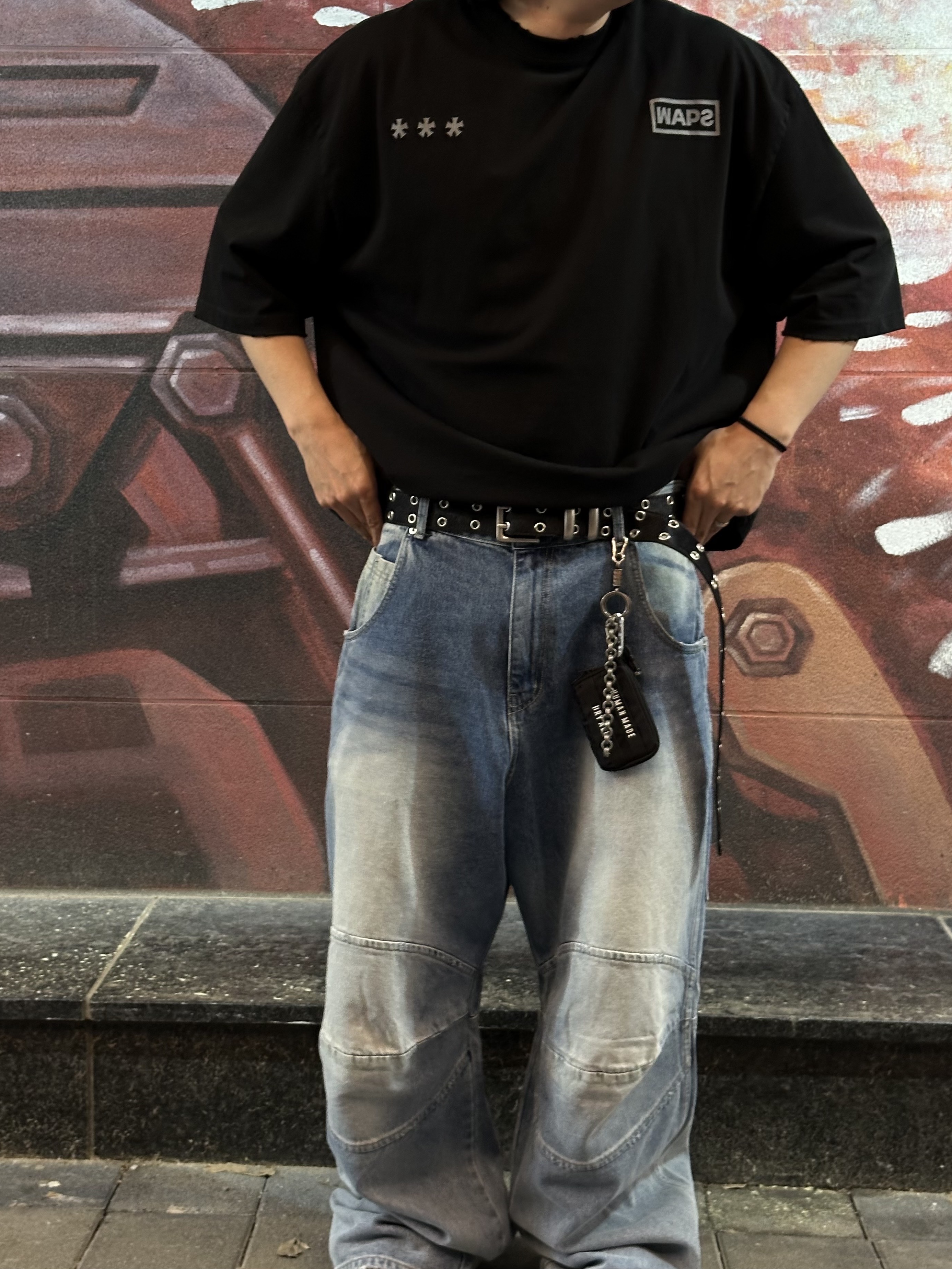 Kamien x MJD Double Hole Belt Black Shearling Calfskin, MJD 3D Knee Denim Pants Blue 착용 스타일 - 1