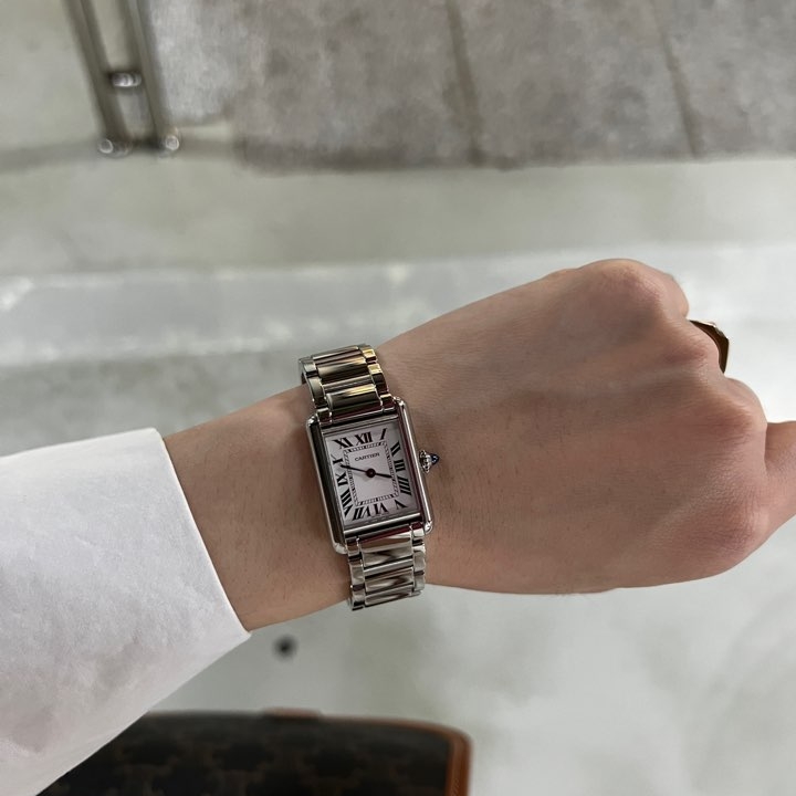 Cartier Tank Must Watch Small Quartz Steel Bracelet Steel 착용 스타일