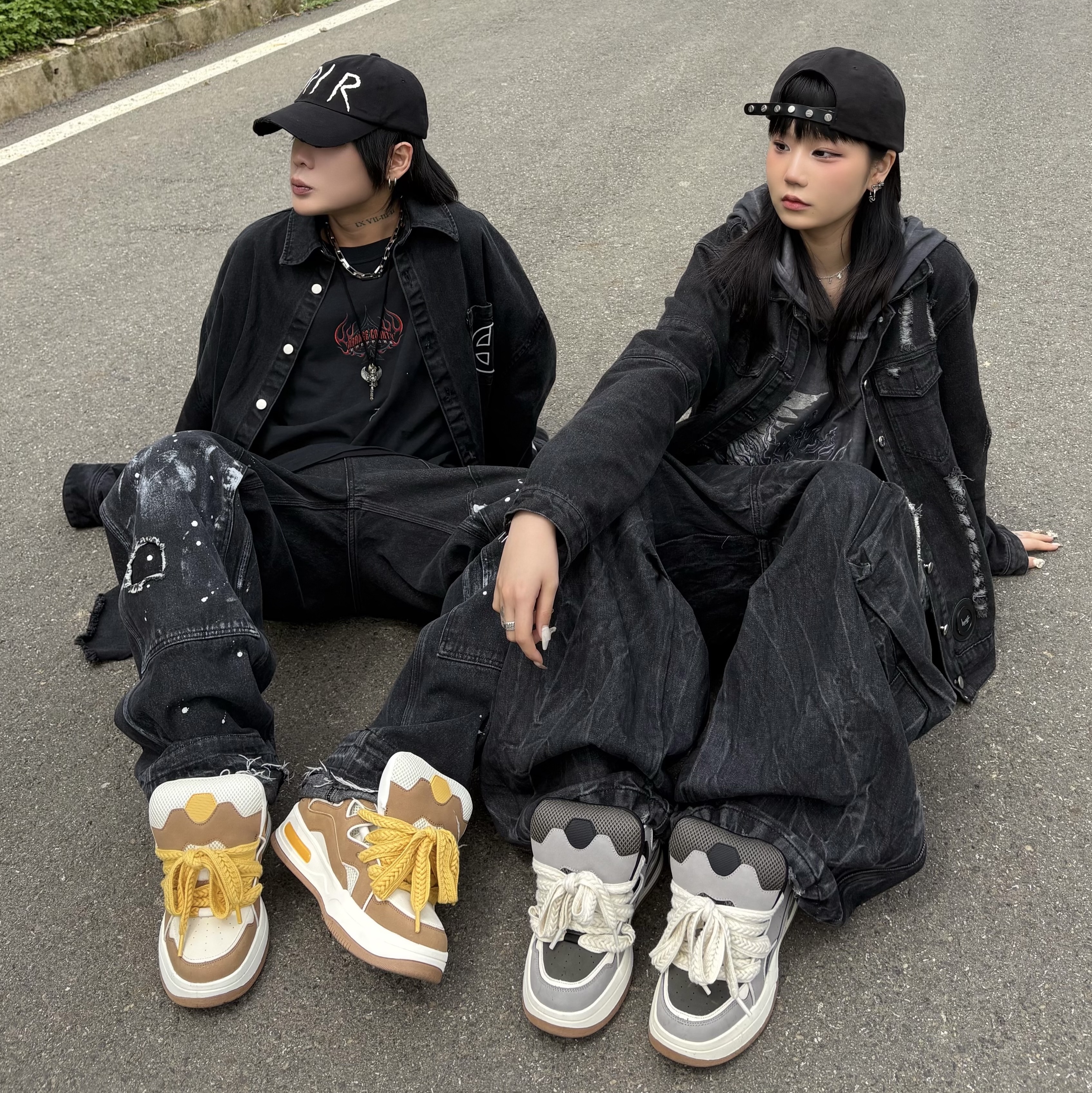 Wapworks Work Double Knee Carpenter Pants, Project G/R Hybrid Denim Shirts Jacket Black 착용 스타일 - 1