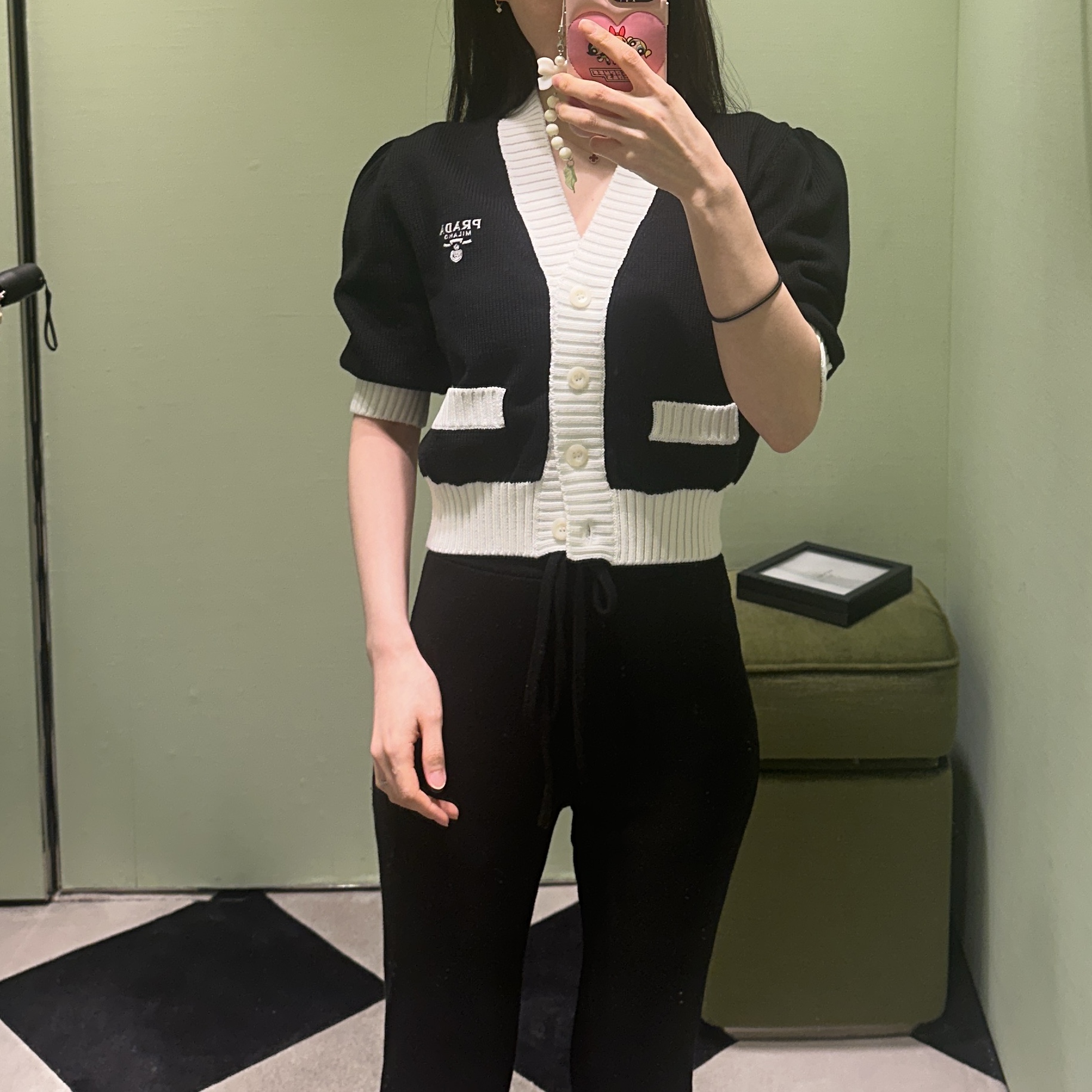 (W) Prada Cropped Cotton Cardigan Black White, Prada Short Sleeve Shirt in Lightweight Re-Nylon Black 착용 스타일 - 1