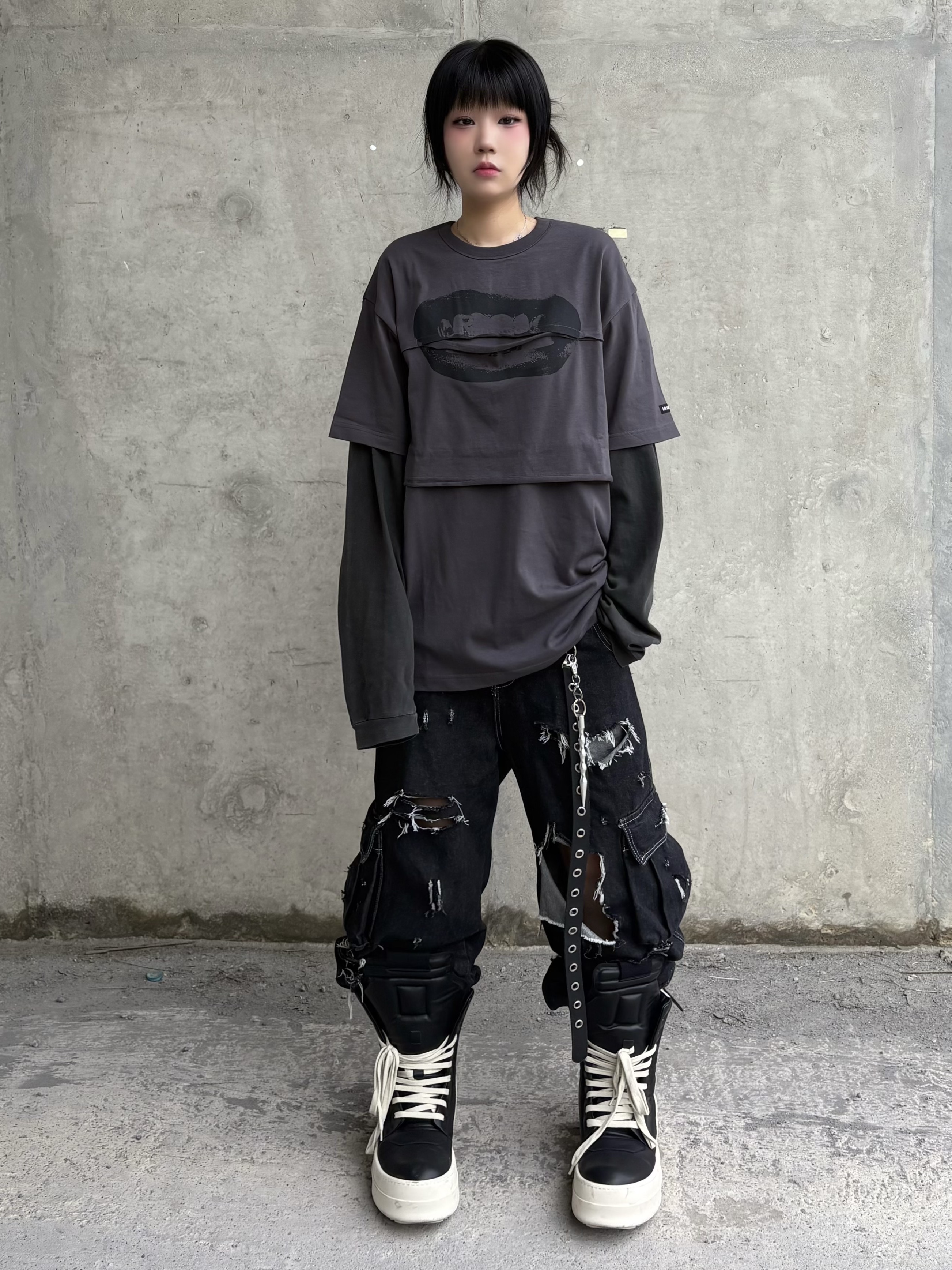 AJOBYAJO S=D Layered T-Shirt Charcoal, Rick Owens Mega Bumper Geobasket Black Milk 착용 스타일 - 1