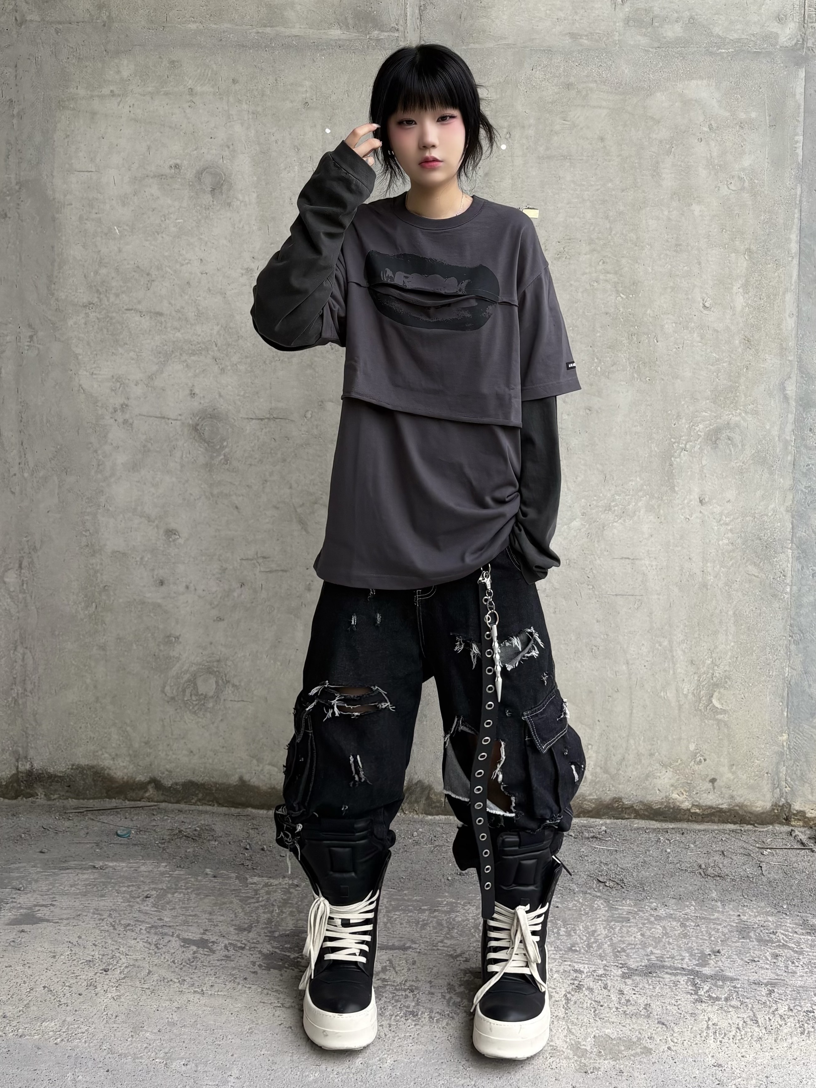 AJOBYAJO S=D Layered T-Shirt Charcoal, Rick Owens Mega Bumper Geobasket Black Milk 착용 스타일 - 2