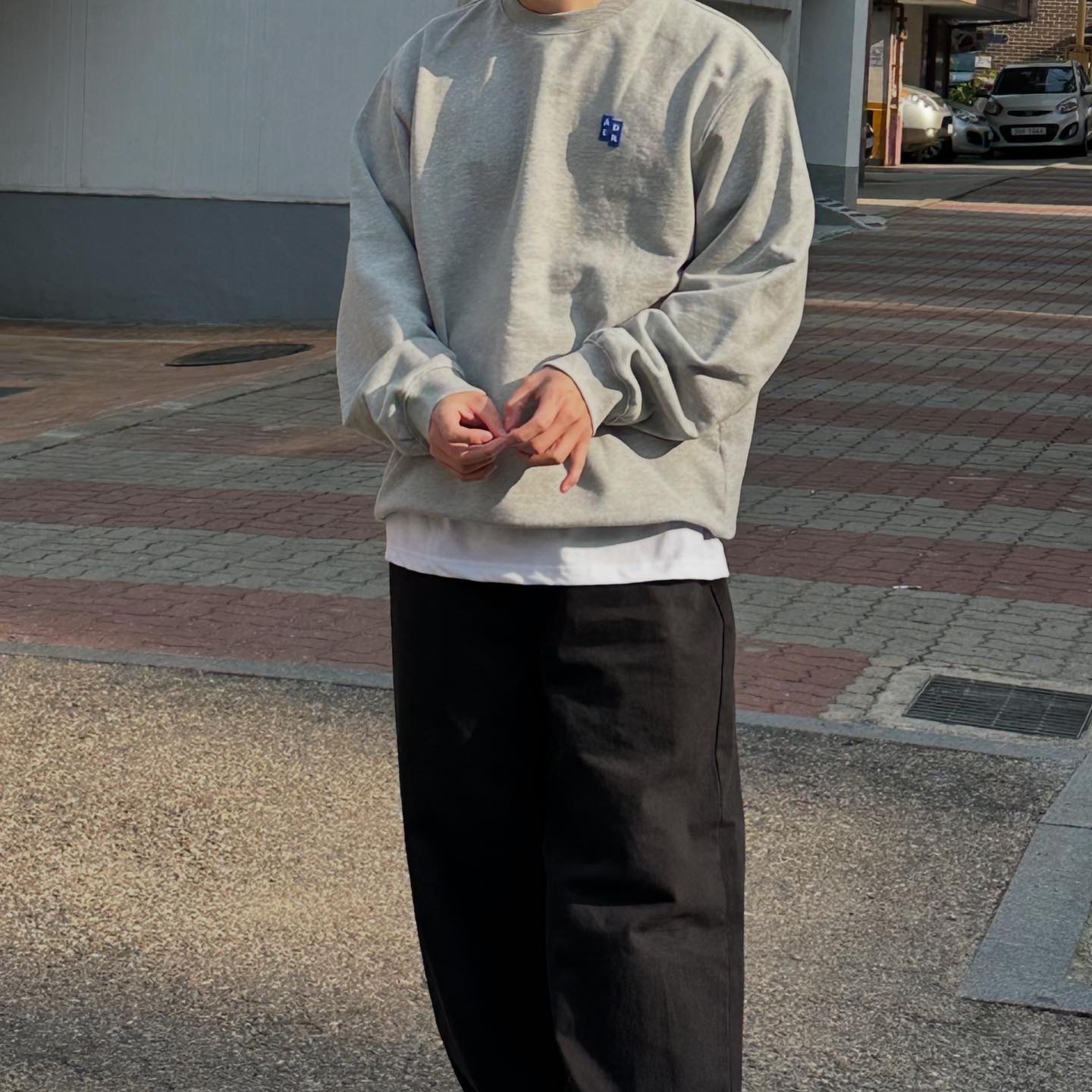 Ader Error Sig; TRS/BL Tag Sweatshirt 01 Grey 착용 스타일