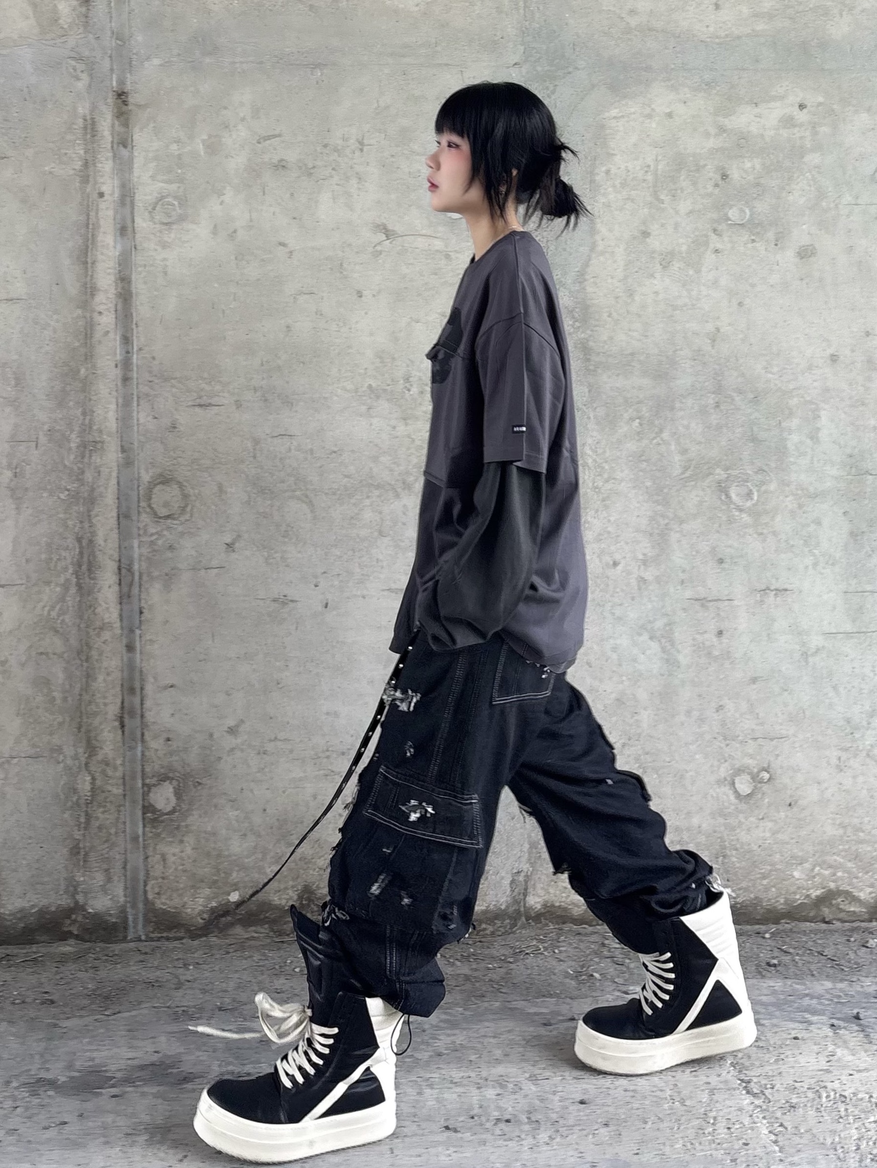 AJOBYAJO S=D Layered T-Shirt Charcoal, Rick Owens Mega Bumper Geobasket Black Milk 착용 스타일 - 3