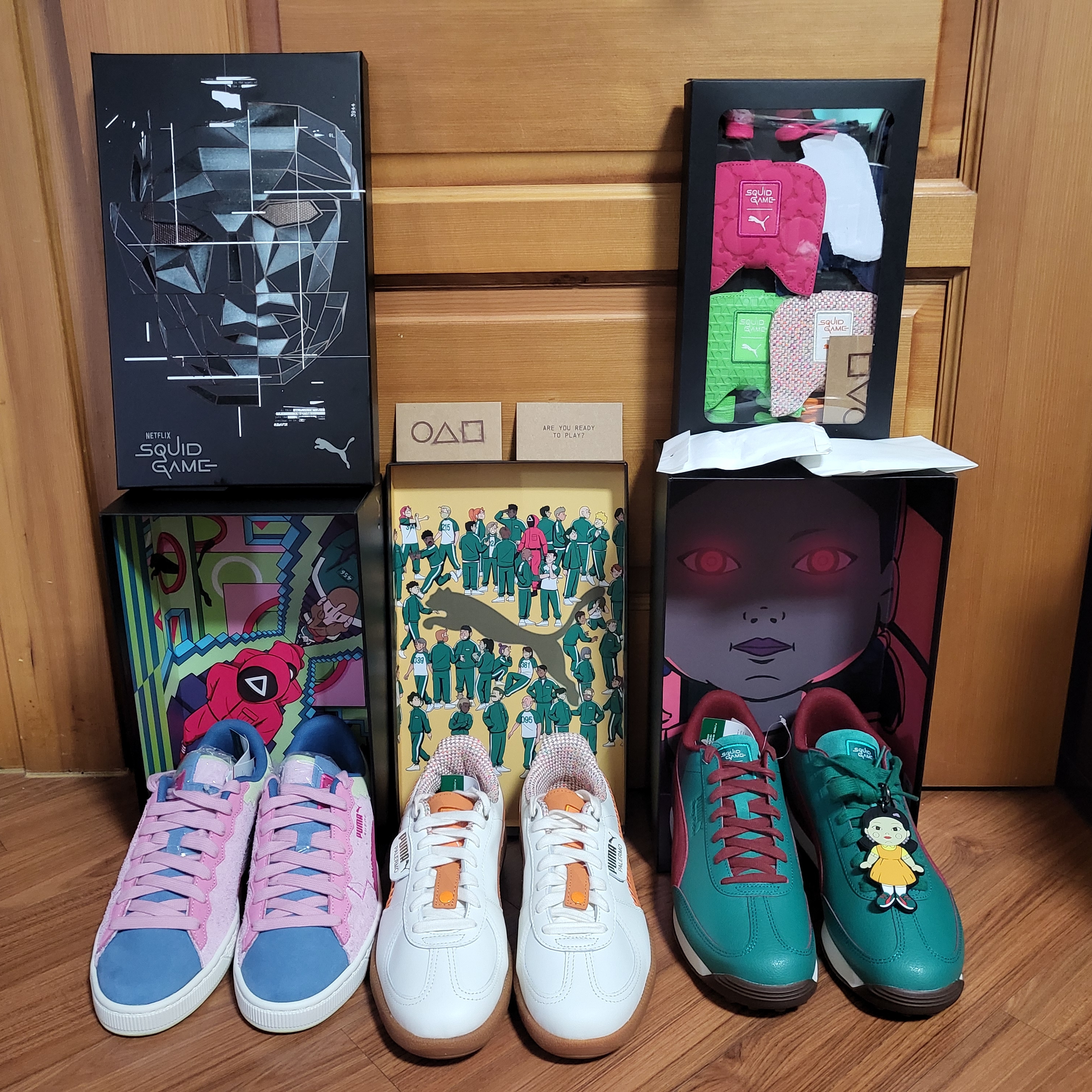 Puma x Squid Game Easy Rider Intense Red Dark Pine, Puma x Squid Game Palermo Warm White Pumpkin Pie 착용 스타일