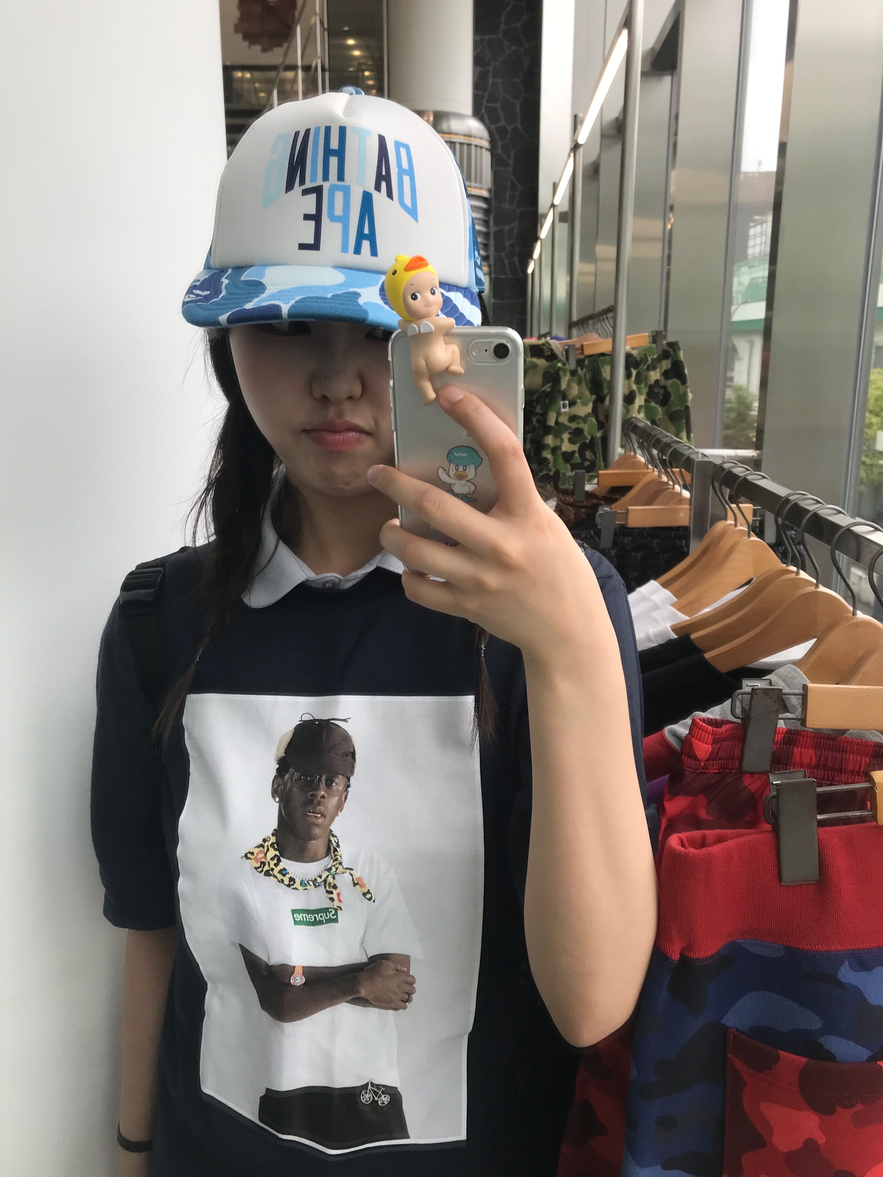 BAPE ABC Camo NYC Logo Mesh Cap Blue, OJOS Detachable Collar T-shirt Grey 착용 스타일 - 2