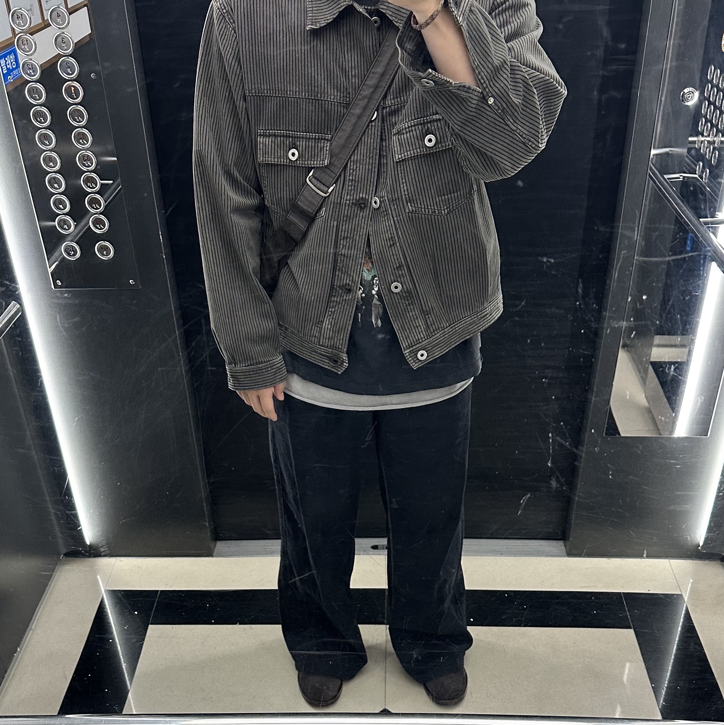 [프리오더] Polyteru Desert Boots Dark Brown, Polyteru Used Trucker Jacket Dyed Gray (Striped, Japanese Fabric) 착용 스타일