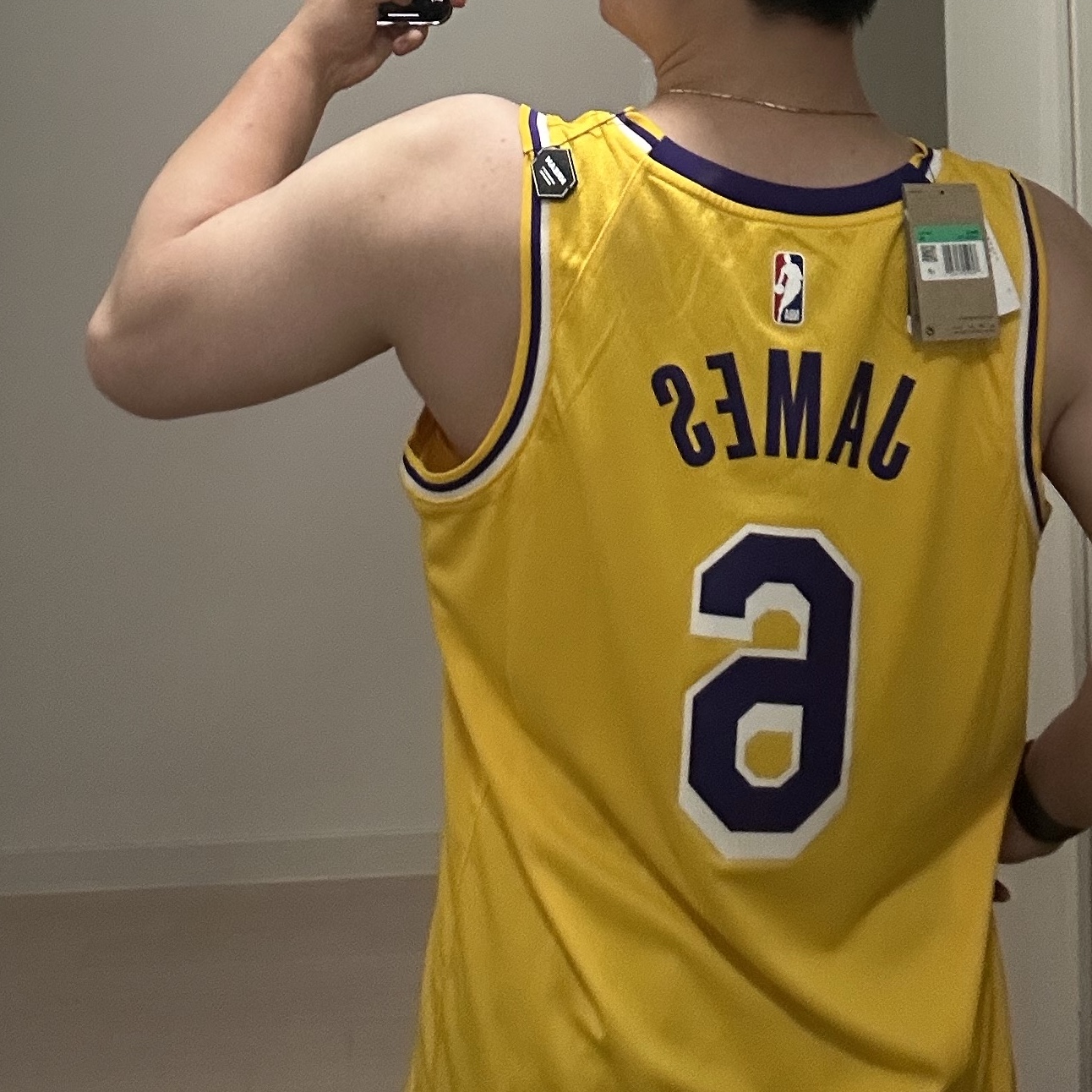Nike LeBron James LA Lakers Icon Edition Jersey Amarillo 착용 스타일