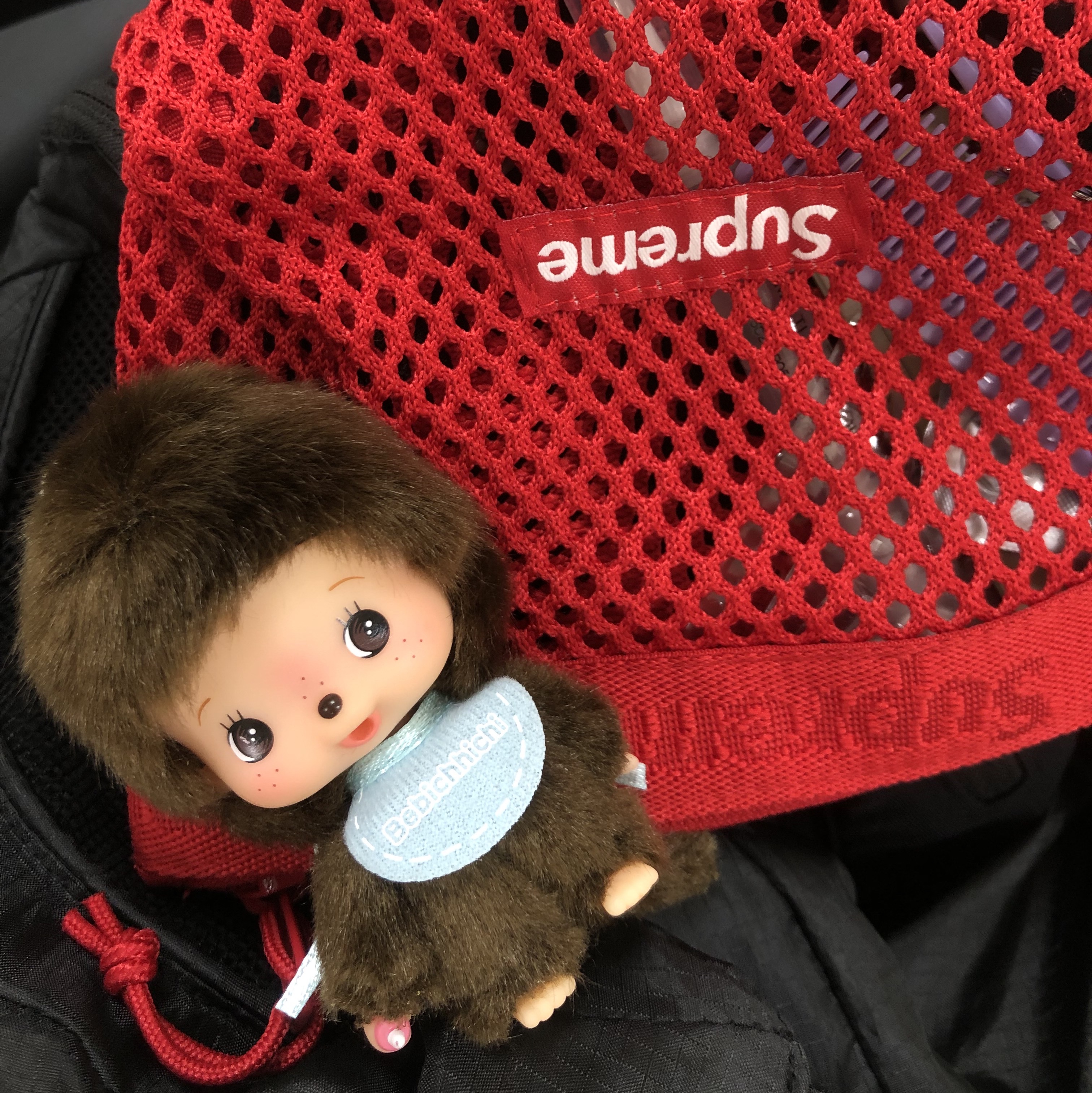 Monchhichi Bebichhichi Bighead SS Boy Key Chain Blue, Supreme Mesh Mini Pouch Red - 25SS 착용 스타일