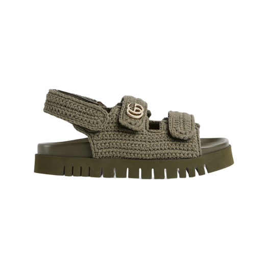 (W) Gucci Sandal with Double G Dark Green Cotton Crochet